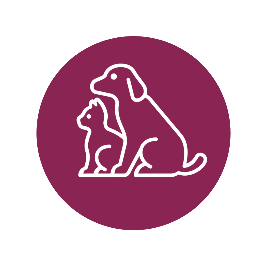 Outline illustration of a dog and a cat sitting together inside a purple circle.