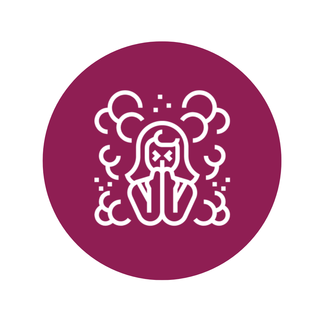 Simple line drawing of a person with long hair, hands covering mouth, surrounded by clouds of smoke or vapor, on a purple circular background.
