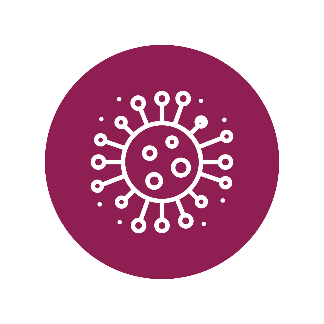 Icon of a virus or germ on a purple circular background.