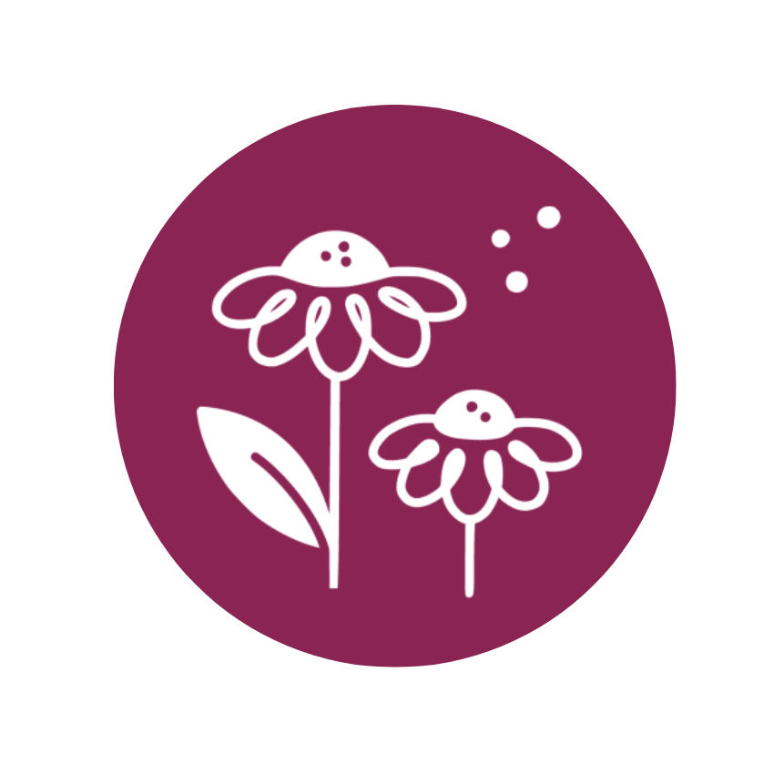 White line drawing of two flowers with stems and leaves on a purple circular background.