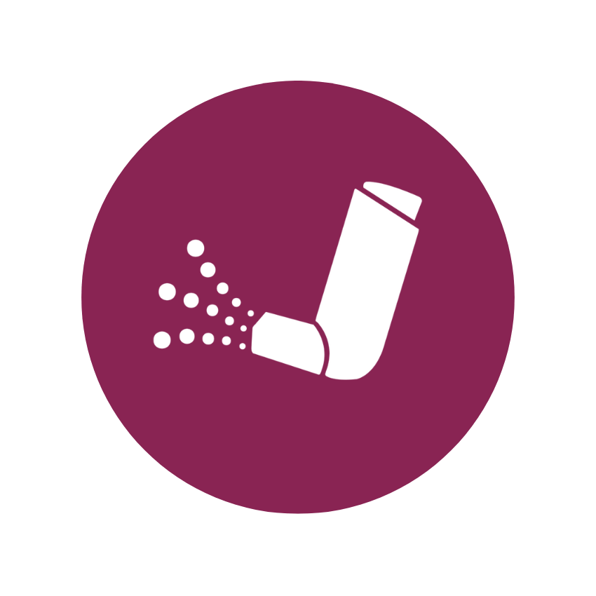 A icons of a rolling stick with particles indicating scent or vapor coming out of it, on a purple circular background.