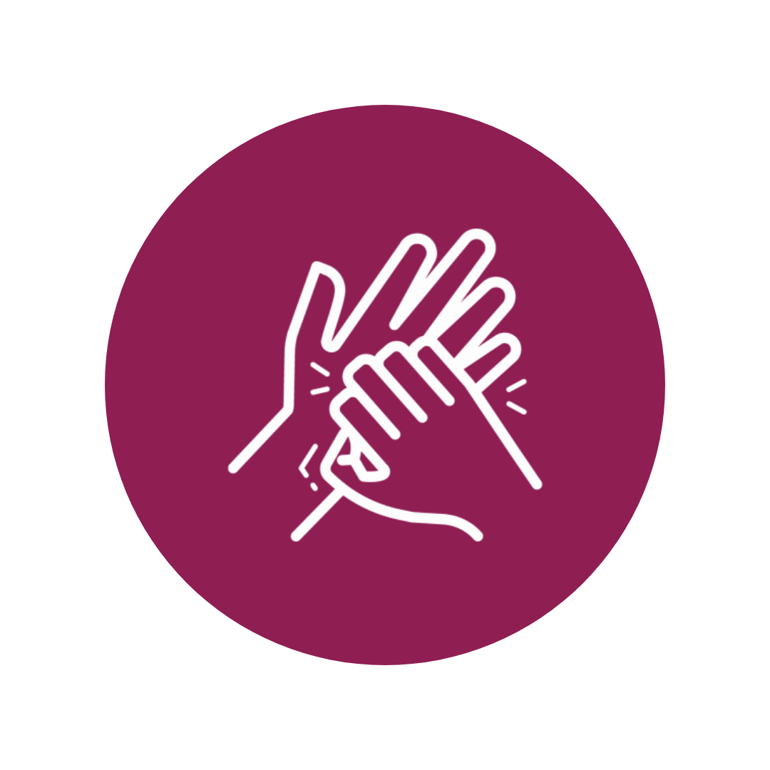 Line drawing of two hands high-fiving on a maroon background.