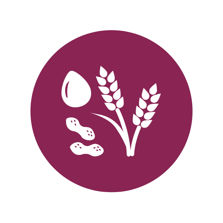 White icons of a water droplet, wheat stalks, and peanuts on a purple circular background.