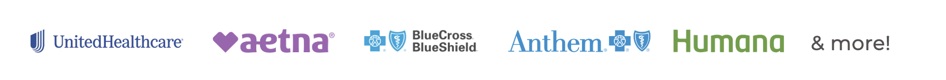 Logos of UnitedHealthcare, Aetna, BlueCross BlueShield, Anthem, Humana, and more health insurance companies.