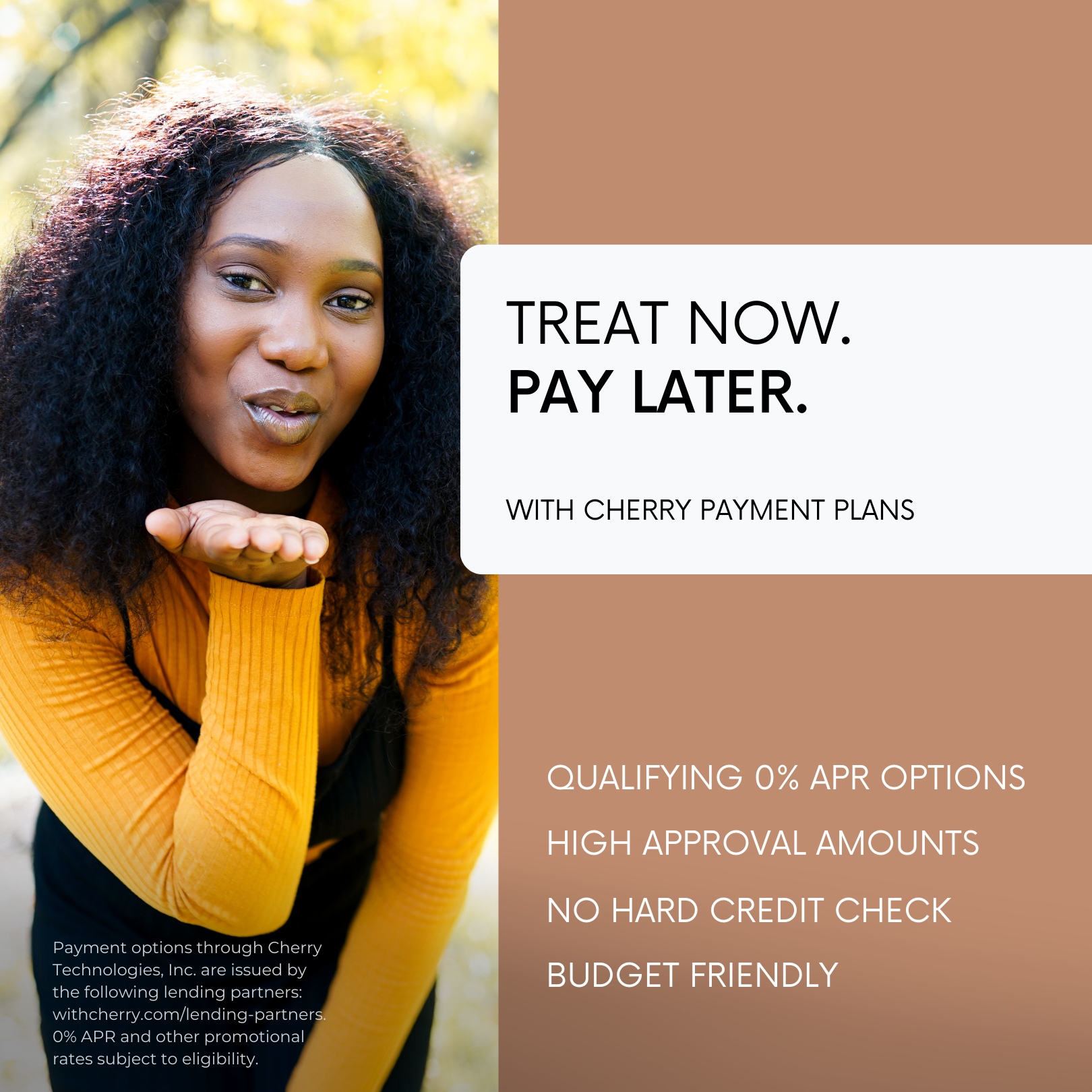A woman with curly hair blowing a kiss, wearing an orange top and black outfit, outdoors with sunlight in the background. To her right, promotional text for Cherry payment plans features bold and regular fonts.