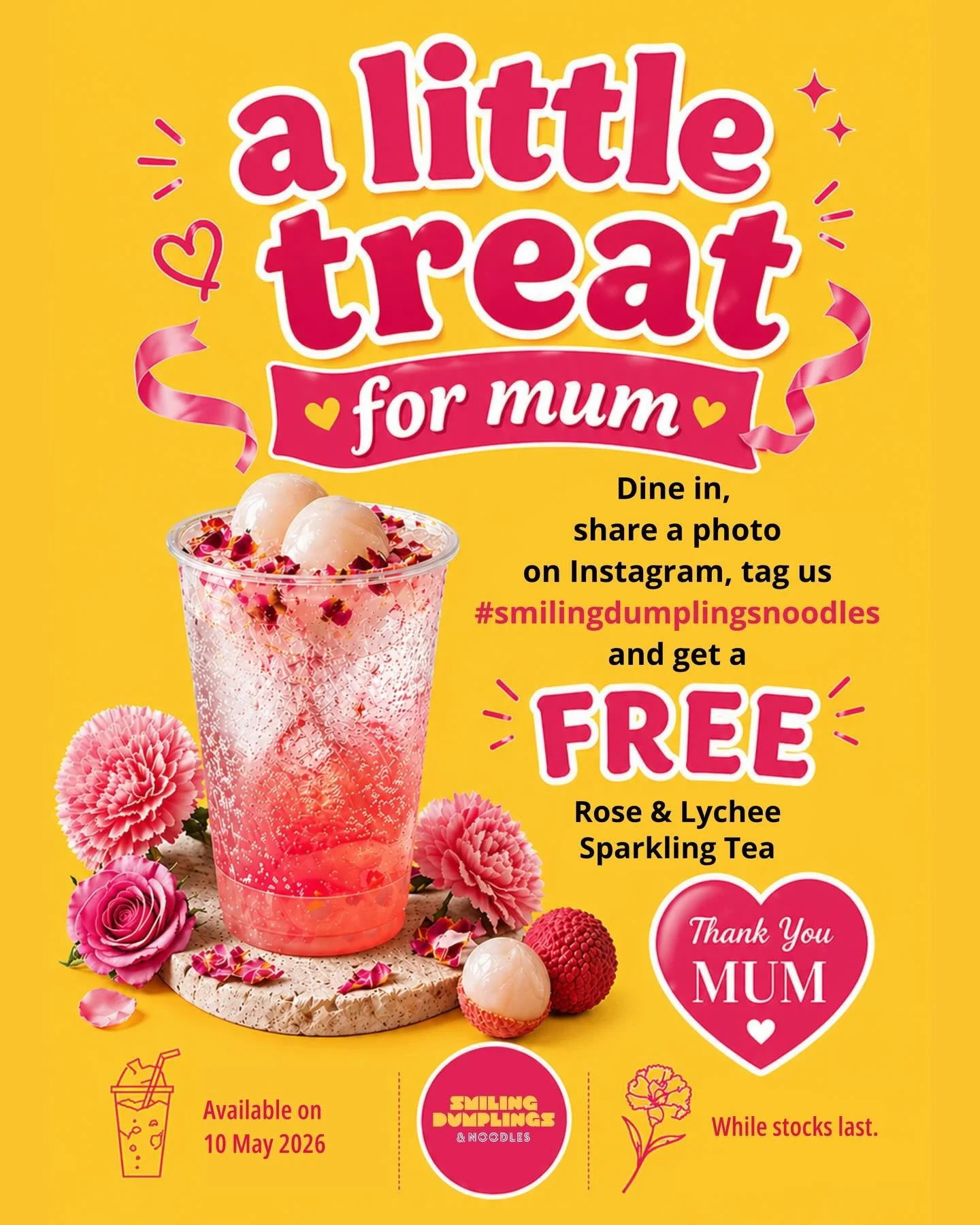A little treat for the best mum 💖
Dine in, snap a pic, tag us @smilingdumplings.noodles and enjoy a FREE Rose &amp; Lychee Sparkling Tea 

Available on 10 May only at Penrith store📍, while stocks last 

#smilingdumplingsnoodles #sydneyfood #penrith