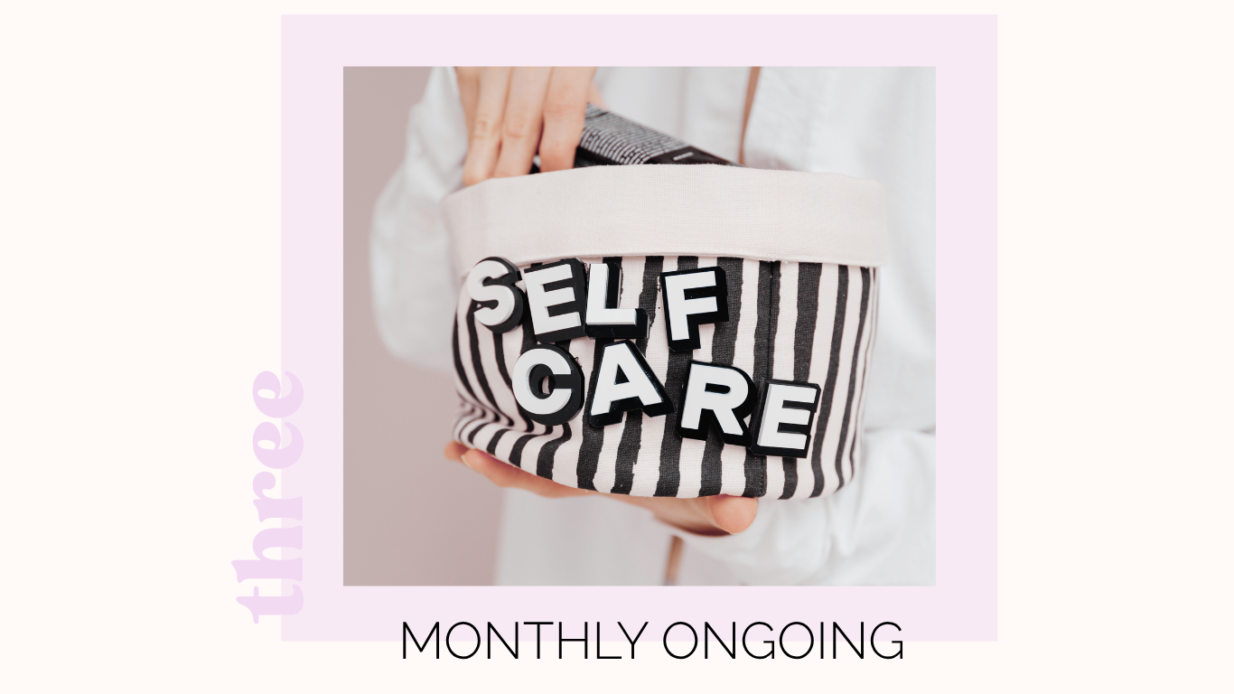 A person holding a striped fabric pouch with the words "SELF CARE" spelled out in black and white letter tiles, promoting monthly self-care routines.