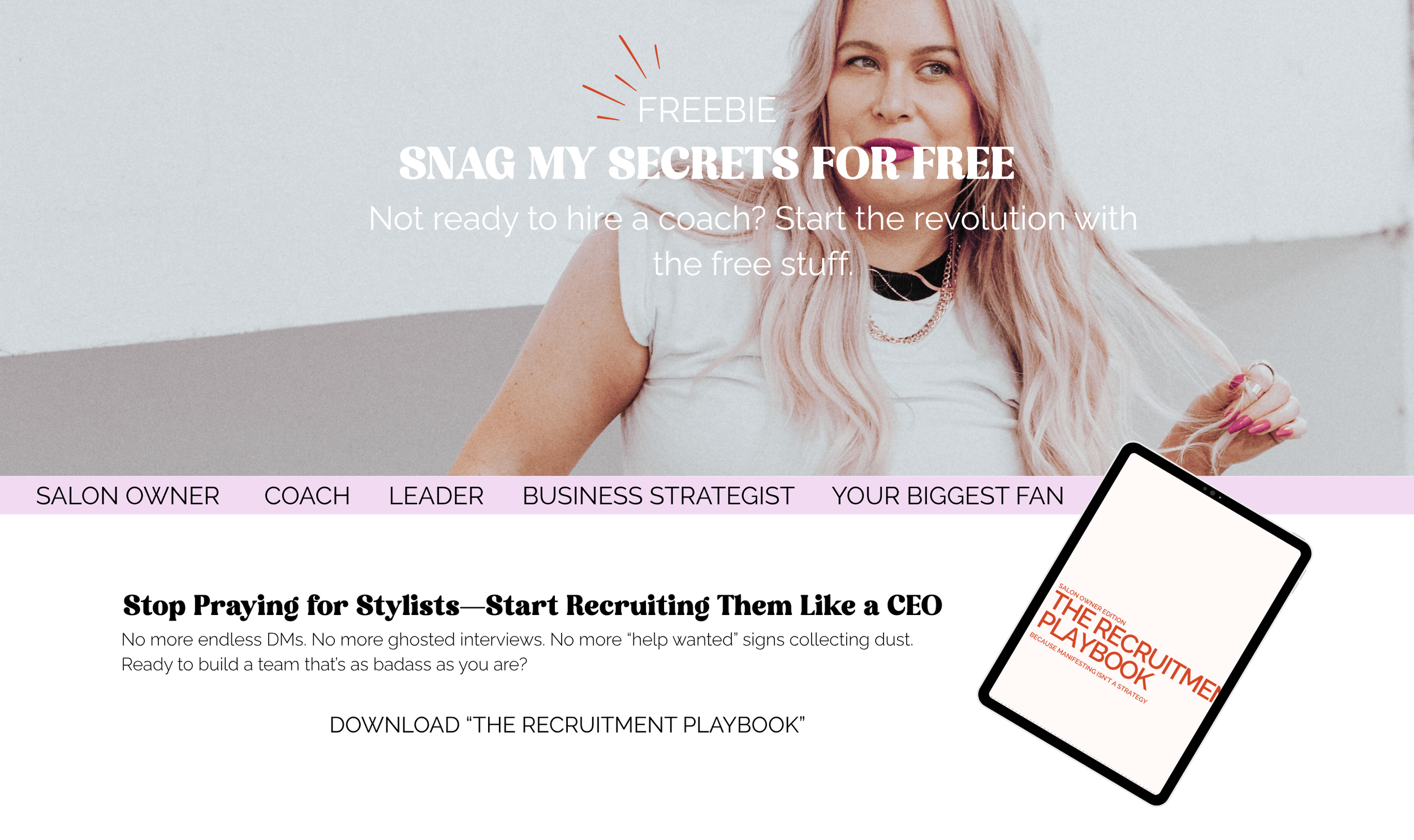 Web page promoting a free recruitment playbook for stylists, featuring a woman with pink hair and a tablet displaying the cover of the playbook titled "The Recruitment Playbook."
