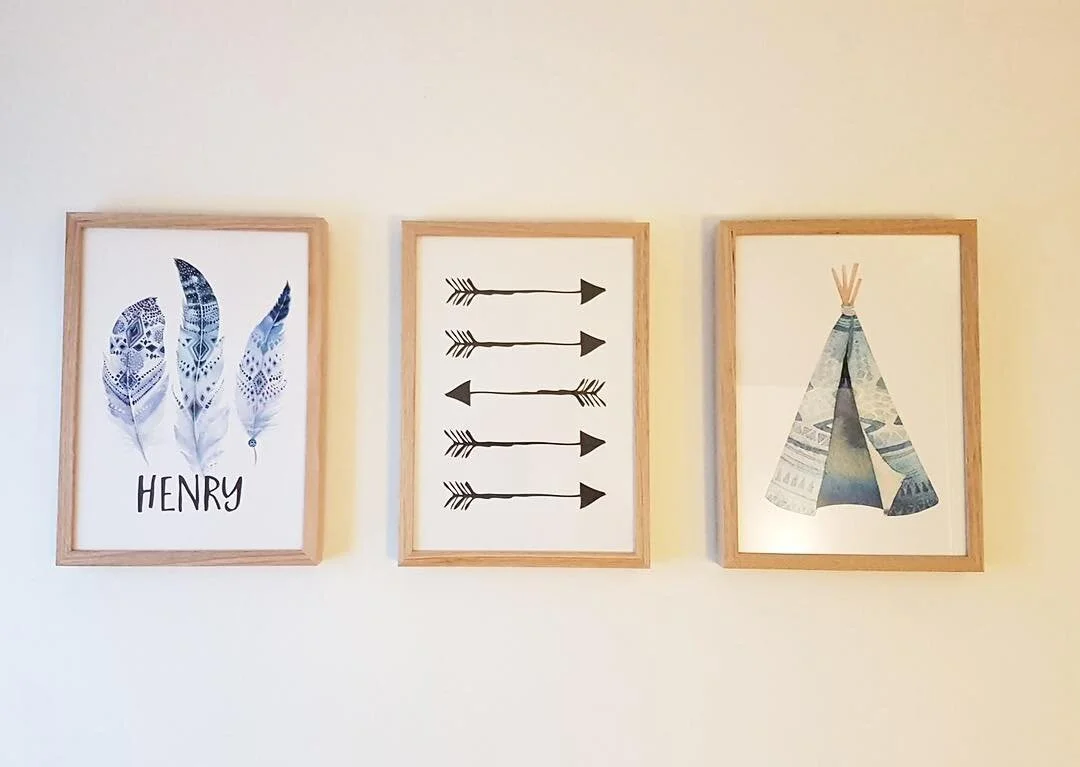 Henry O&rsquo;Donnell is here &amp; his room is stylin&rsquo;! Congratulations xx .
.
.
#framinghell #baby #babysroom #babyhenry #babyboy #tasmanianoakframe #setofthree #feather #teepee #arrow #customframing