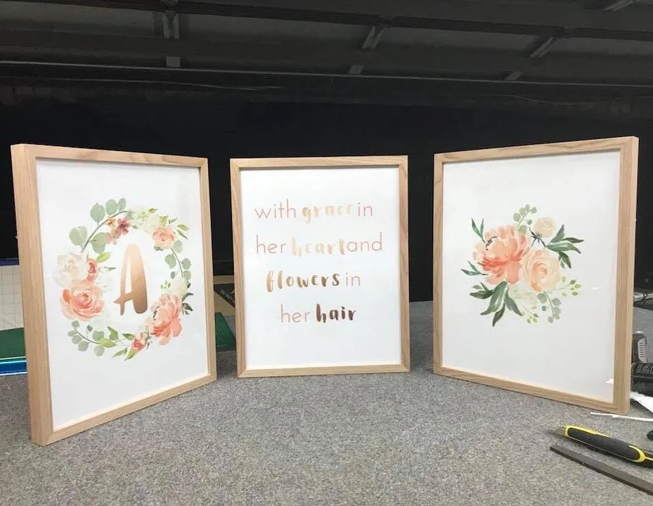 #babygirl #girlsroomdecor #a #oakframe #naturalpictureframe #sweetfloral #peach #matallicgold #framinghell #setofthree
