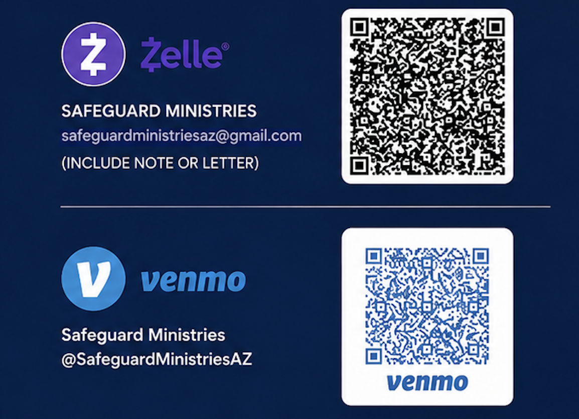 Business card for Safeguard Ministries with QR codes for Zelle and Venmo payment options. The card has a dark blue background, with the Zelle logo and email address, and the Venmo logo with a handle.