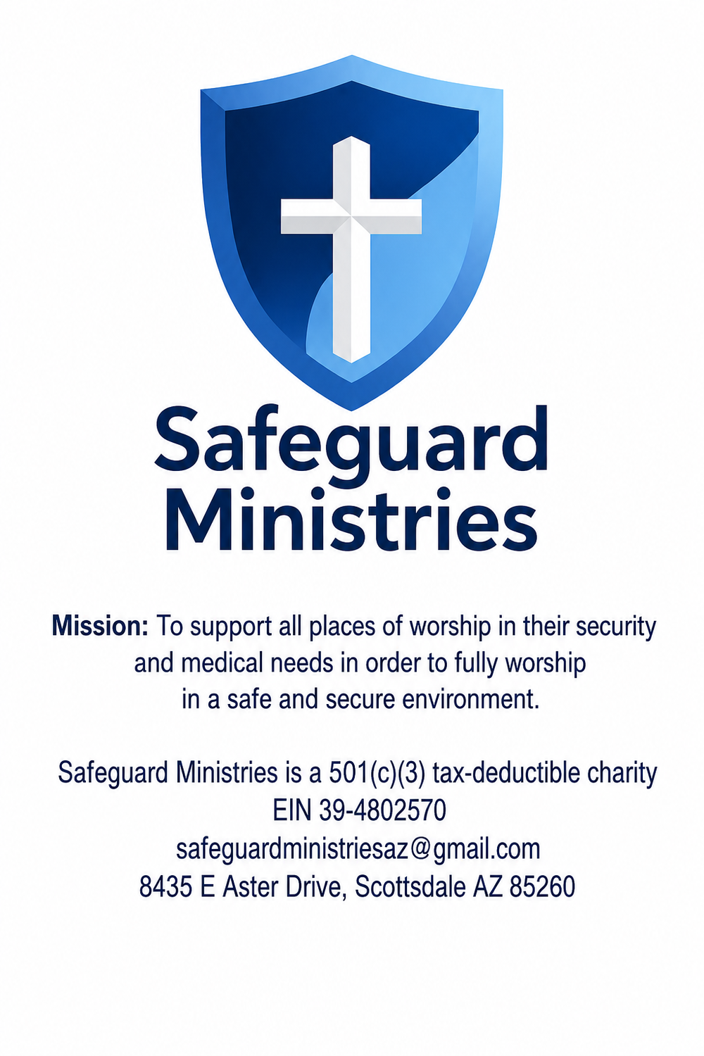 Logo for Safeguard Ministries featuring a shield with a white cross, and text detailing its mission, contact info, and address.