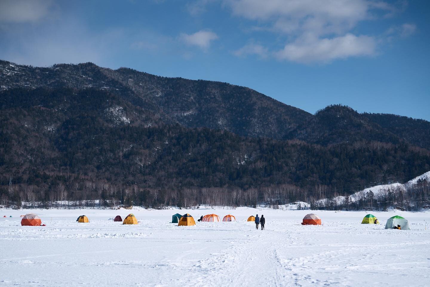 Some tents used for fishing, on the frozen lake Nukabira.