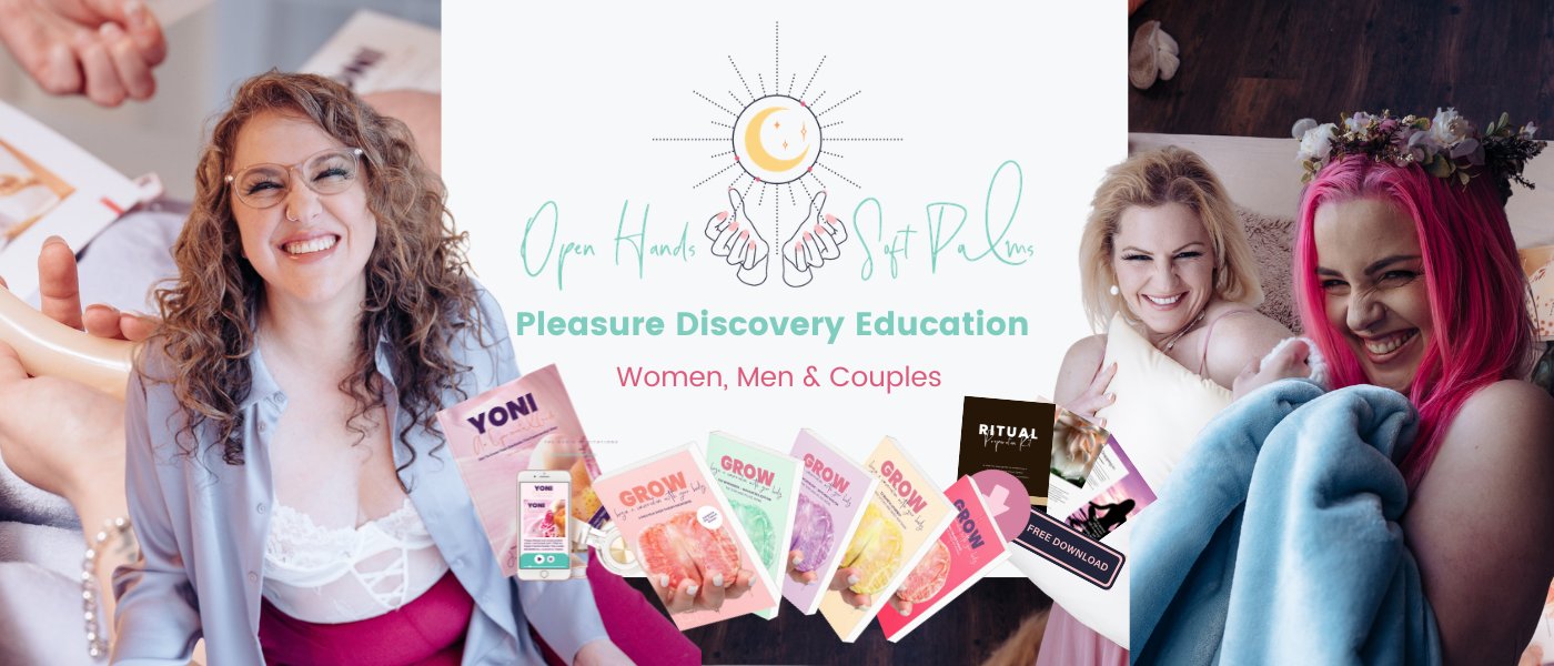 A promotional banner for an adult pleasure education event with smiling women, colorful books, and downloadable materials.