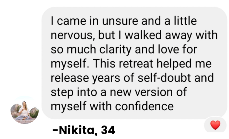 Screenshot of a text message with a motivational quote from Nikita, age 34, and a red heart emoji, with a small profile picture of a woman meditating outdoors.