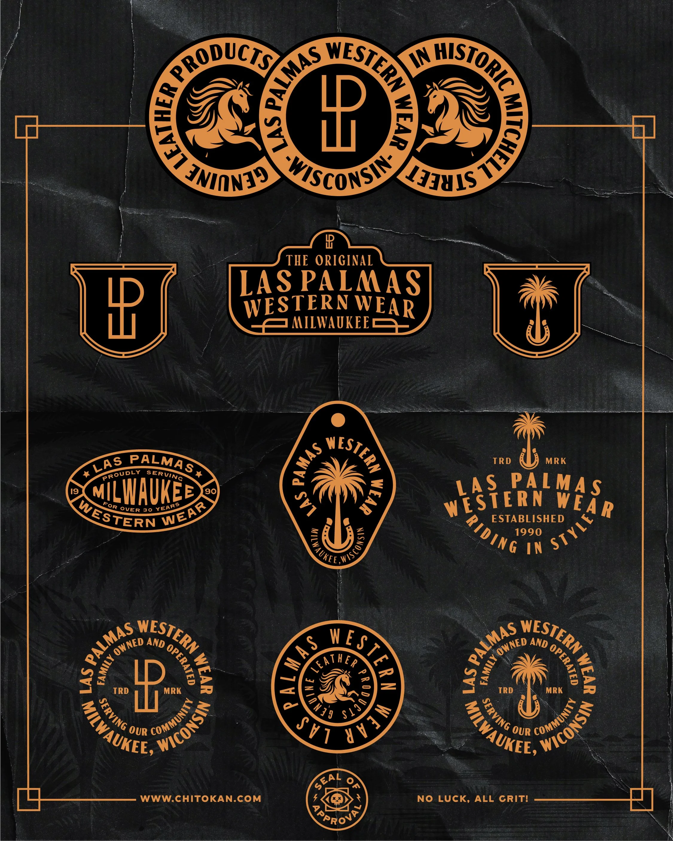 Collection of vintage-style logos and patches for Las Palmas Western Wear in Milwaukee, Wisconsin, with images of horses, palm trees, and decorative text.