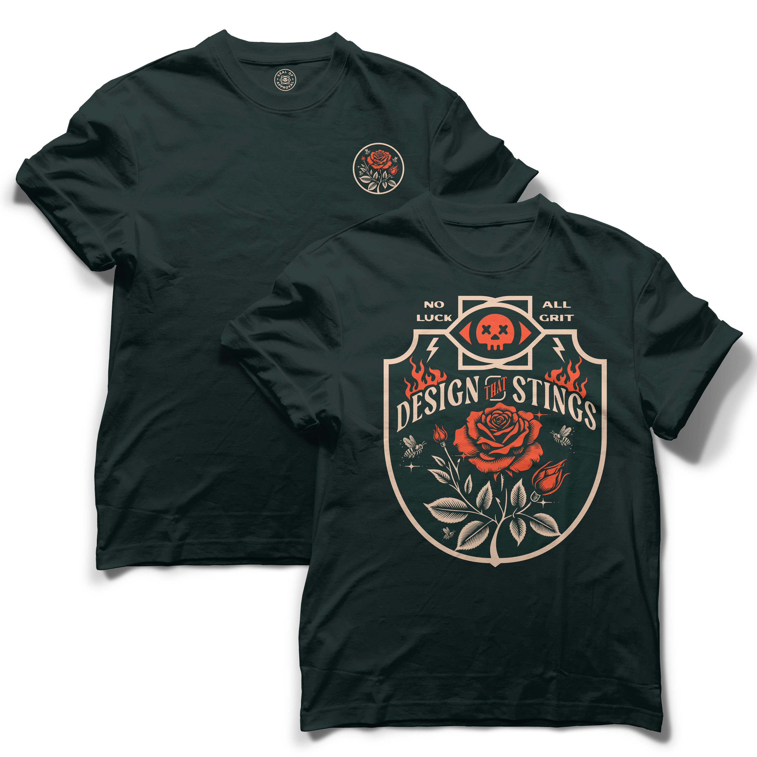 Two black T-shirts with graphic designs. The front shirt has a large central emblem with a rose, bees, and flames. The back shirt features a smaller circular emblem with a rose and the text "Design That Stings".
