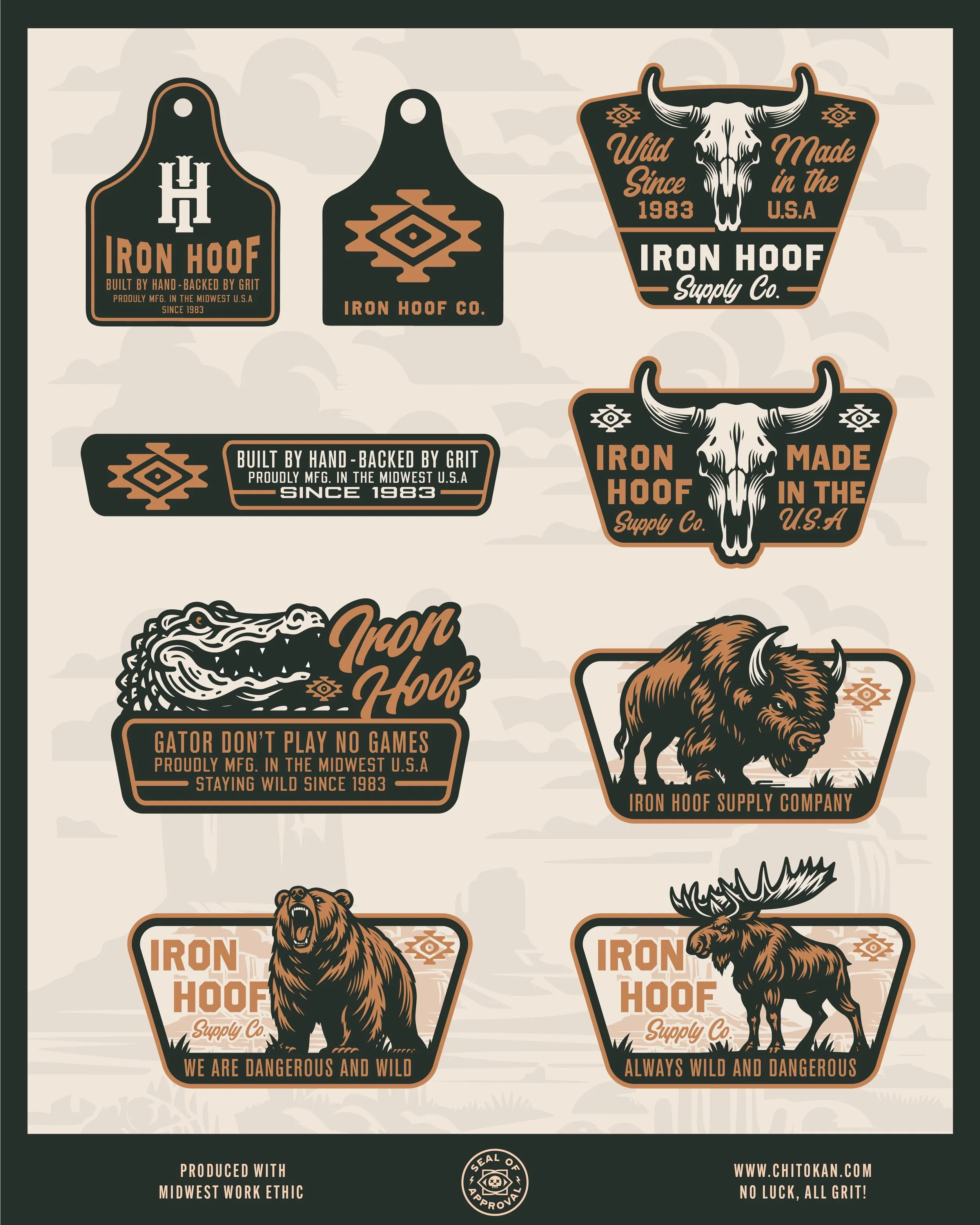 Collection of vintage-style badges and labels related to Iron Hoof company, featuring images of wild animals like a bison, bear, wild boar, and moose, with slogans such as "Built by hand, backed by grit" and "Always wild and dangerous", set against a