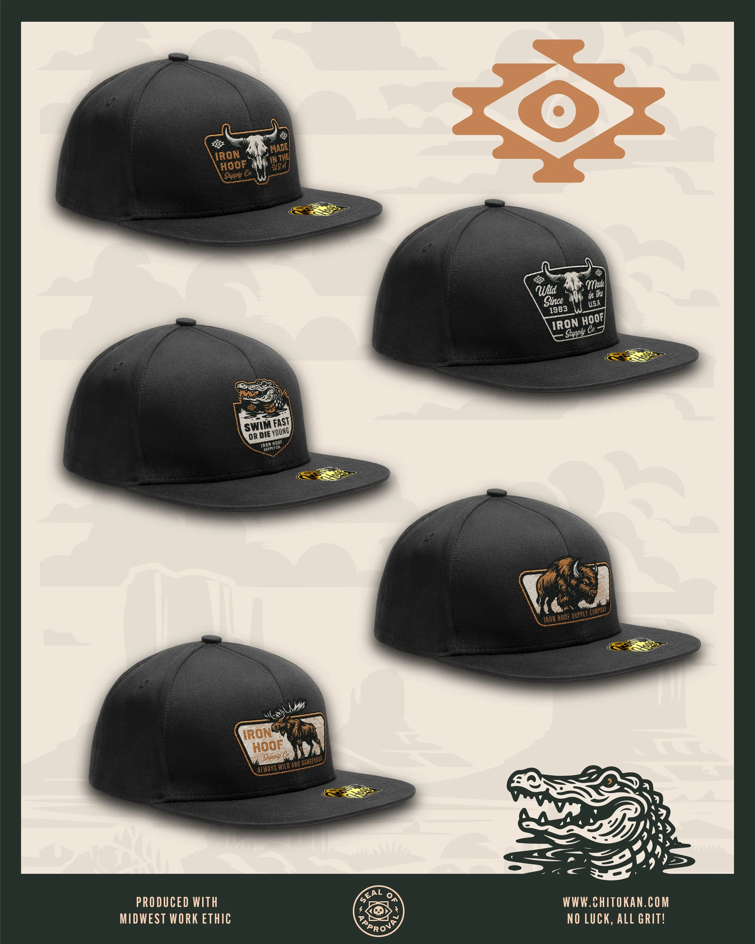 Display of five black hats with various logos and designs related to Iron HooF, a surf and work ethic brand, against a background with clouds, a stylized eye symbol, and a crocodile illustration.