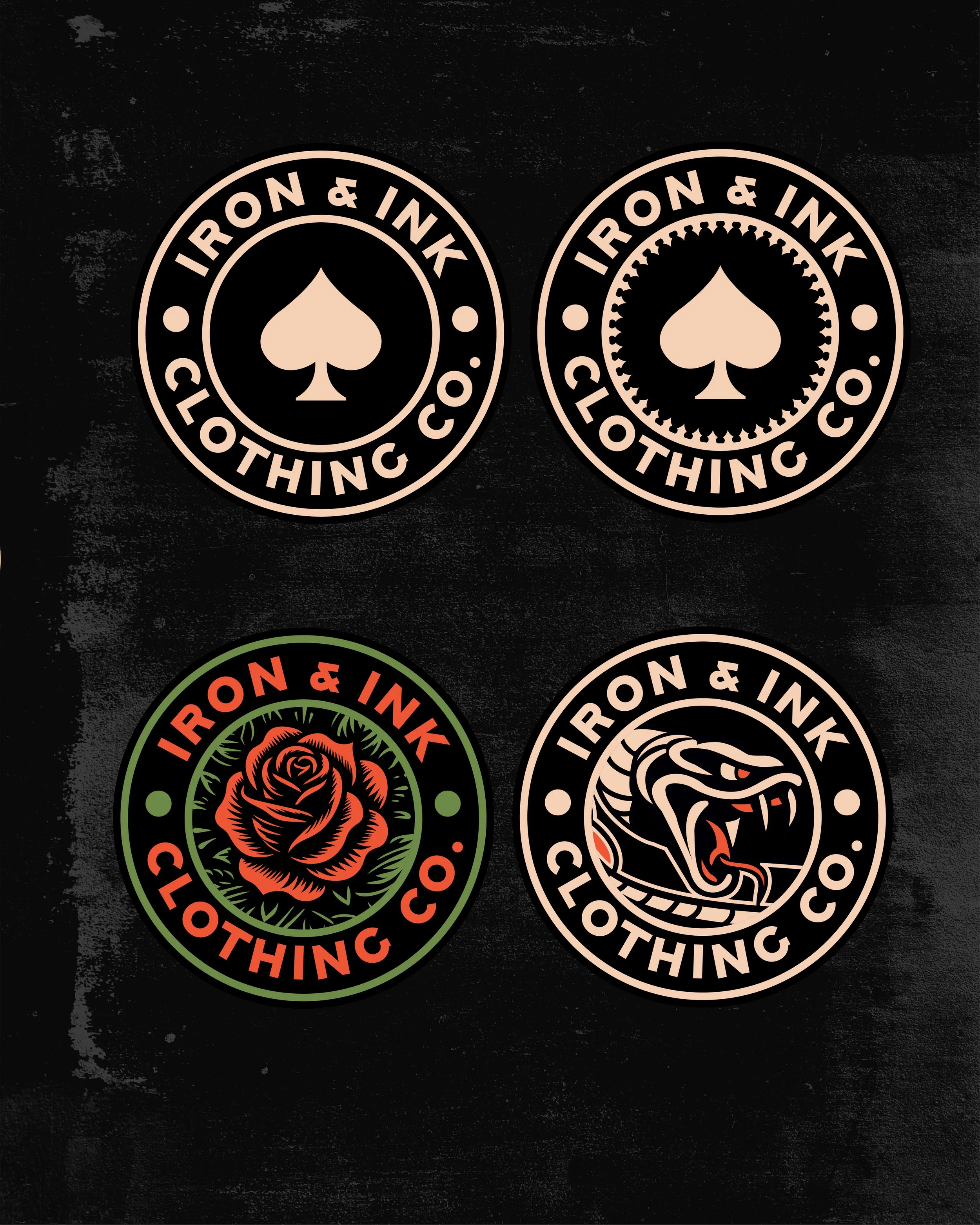 Four circular patches with the words 'Iron & Ink Clothing Co.'; two black patches with beige designs, one features a spade symbol, the other a spade with a dotted border; the third patch has a red rose and green leaves with red text, and the fourth f