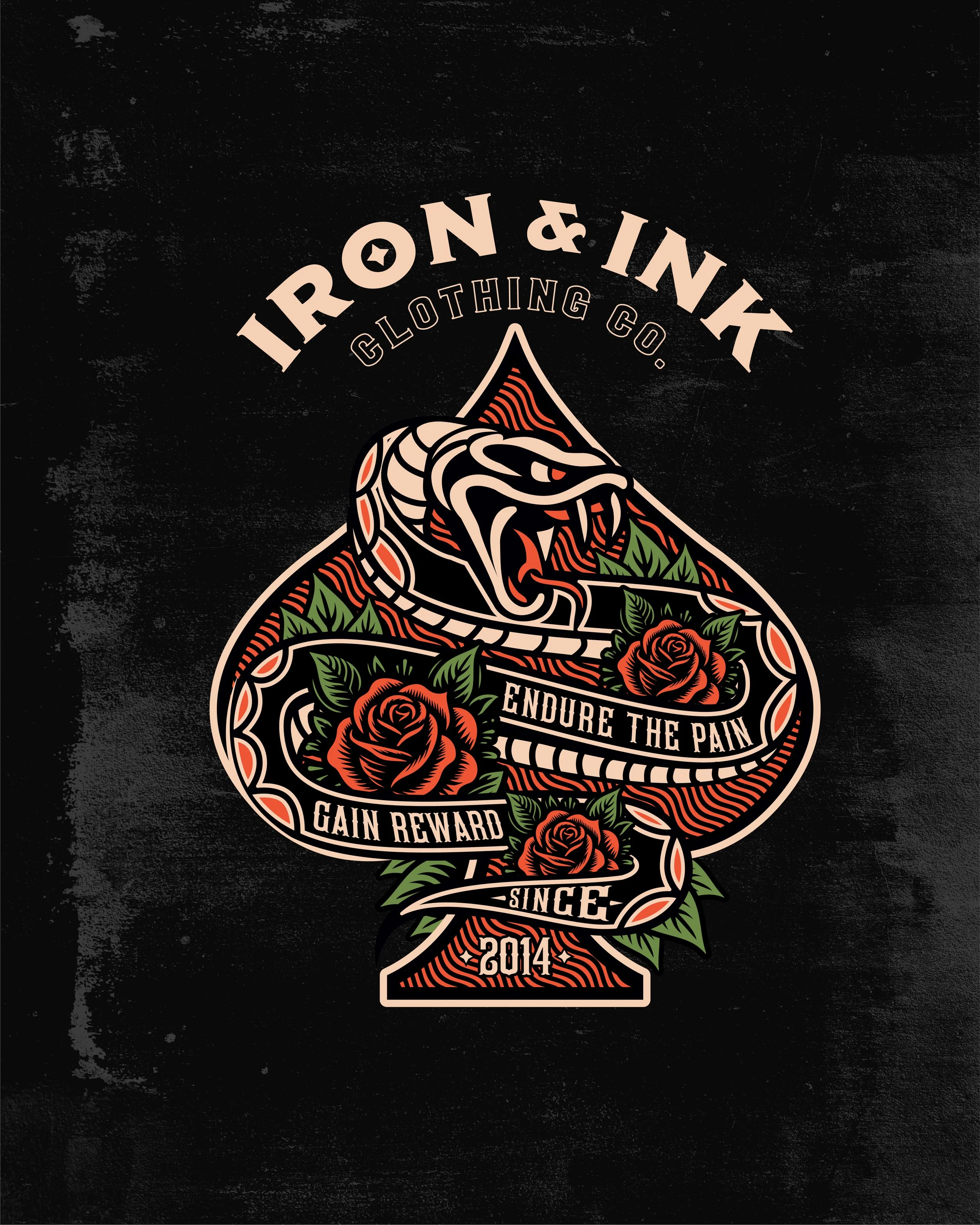 A tattoo-style logo for Iron & Ink Clothing Co., featuring a snake entwined with roses, with the phrases "Endure the Pain," "Gain Reward," and "Since 2014." The background is black with a distressed texture.