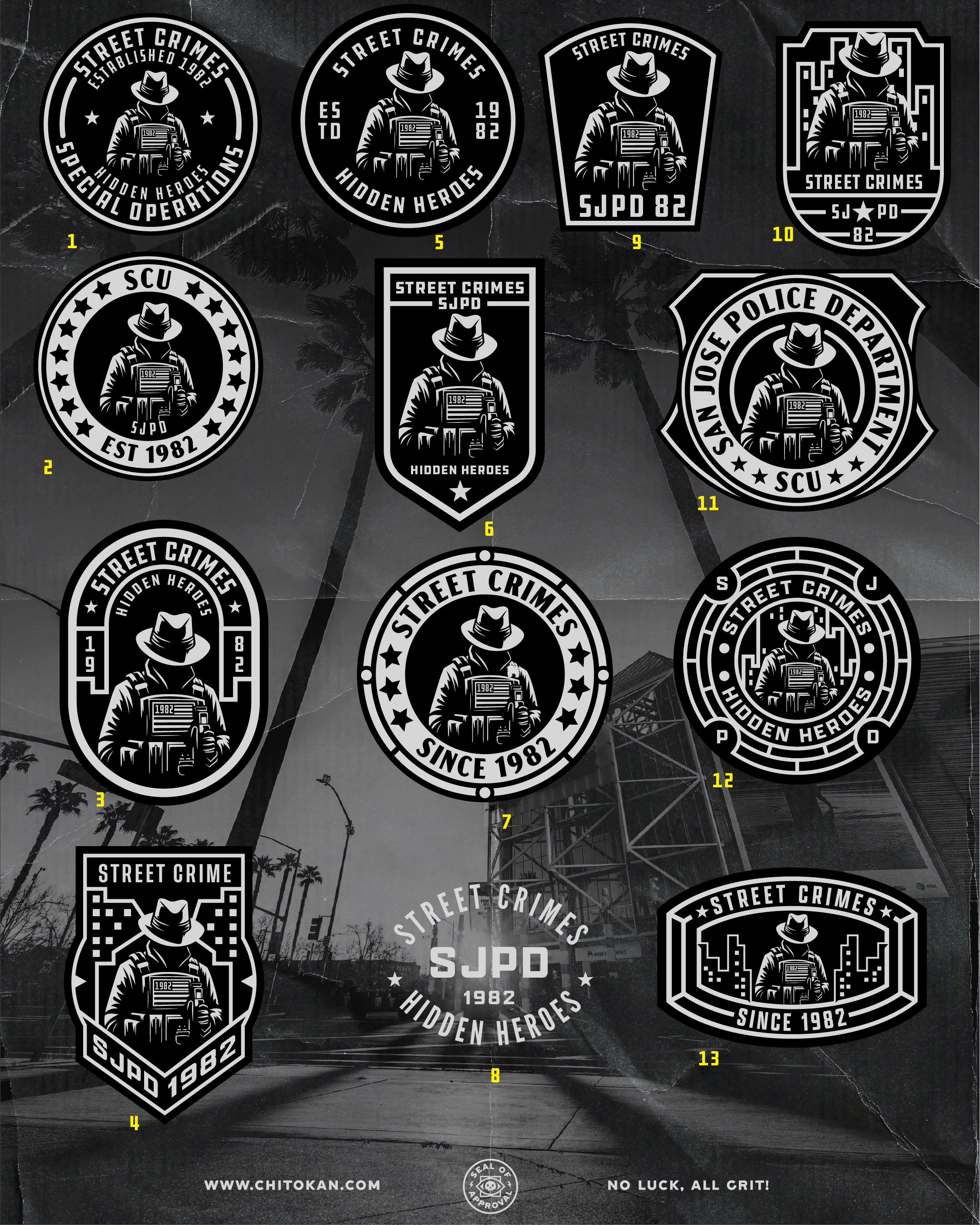 Collection of black and white patches and stickers with a detective or police theme, featuring a man in a hat and trench coat holding a briefcase, with text related to street crimes, hidden heroes, and police department.