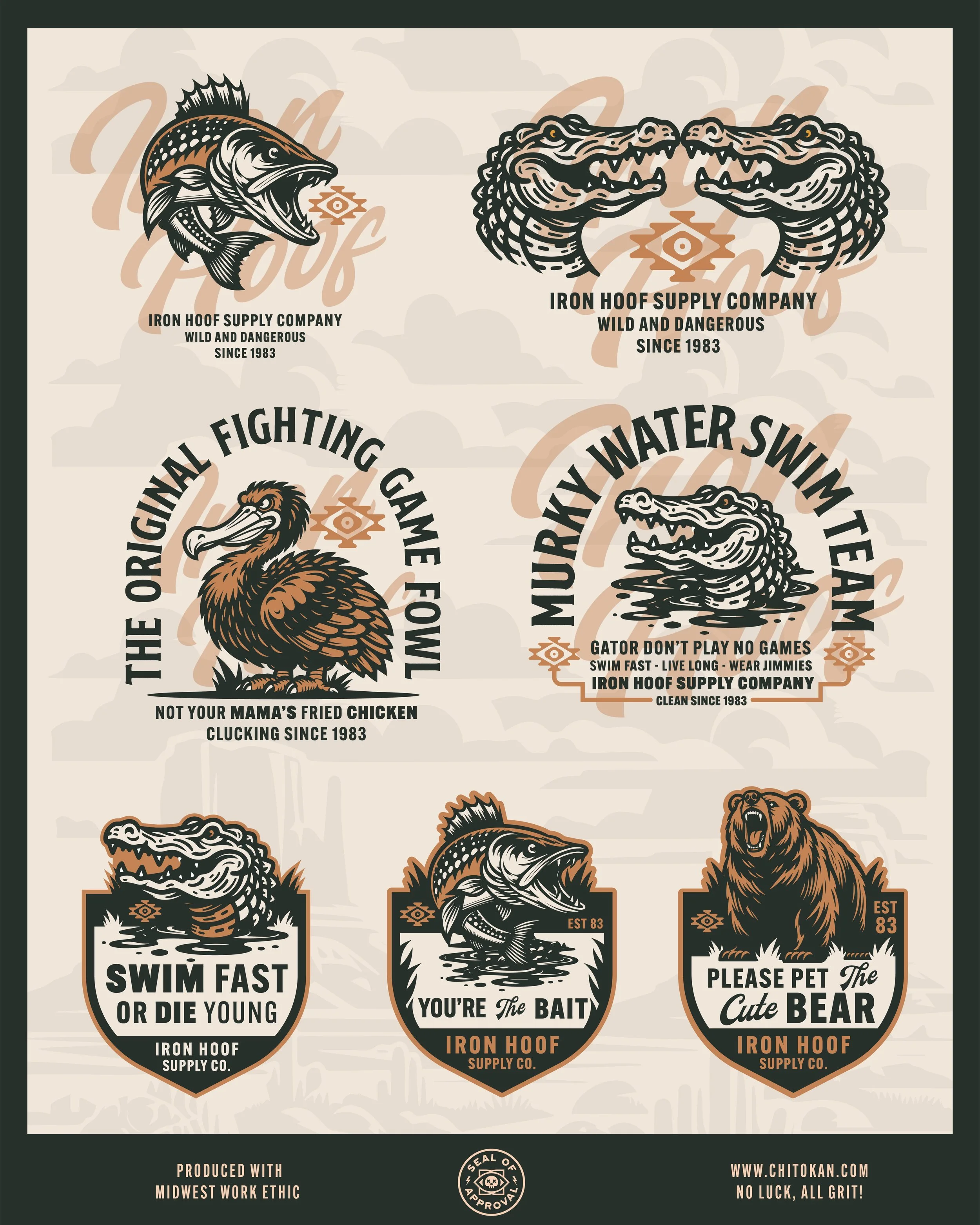 Collection of vintage-style logos and patches for Iron Hoof Supply Company featuring animals like fish, alligators, a vulture, a bear, and crocodiles, with slogans emphasizing fighting, swimming, and wildlife themes.