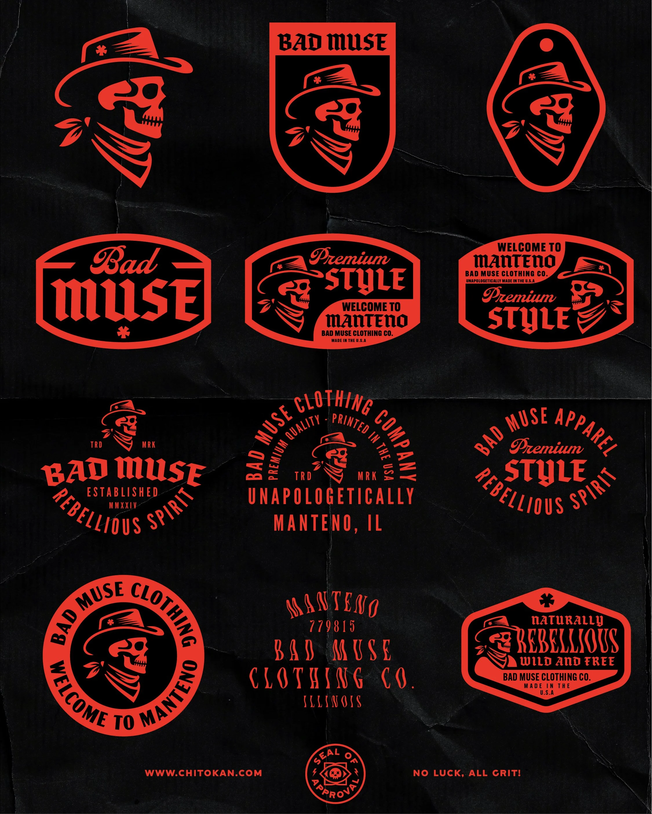 Collection of red and black logo designs and labels for Bad Muse clothing, featuring a skull wearing a hat and bandana, with text emphasizing rebellious spirit, unapologetic attitude, and Made in the USA.