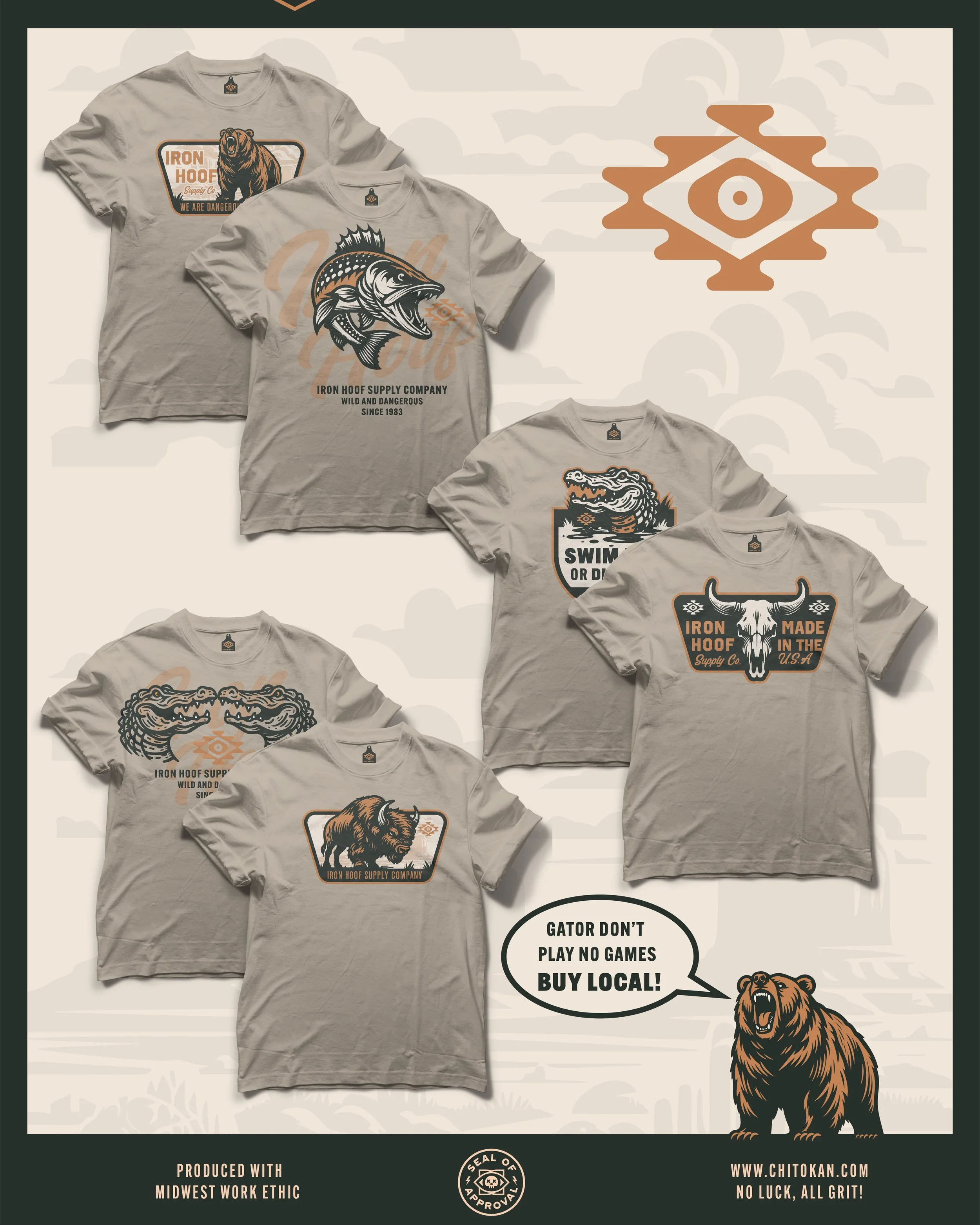 A collection of t-shirts featuring various wildlife graphics and slogans from the Iron Hoof Supply Company, displayed against a light background with a bear icon and a speech bubble.