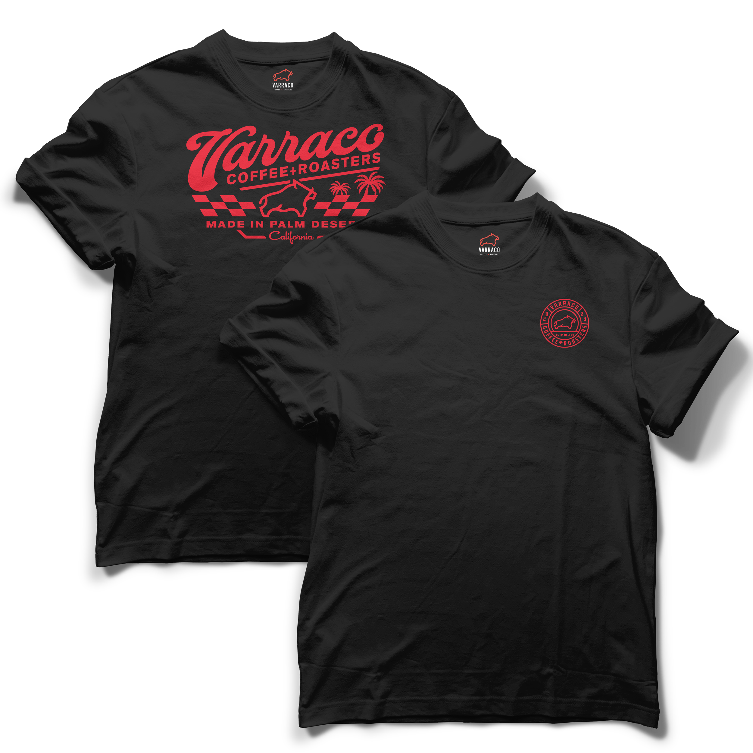 Two black T-shirts featuring red graphic designs and text related to Varraco Coffee + Roasters, a coffee company made in Palm Desert, California, with palm trees and southwestern motifs.