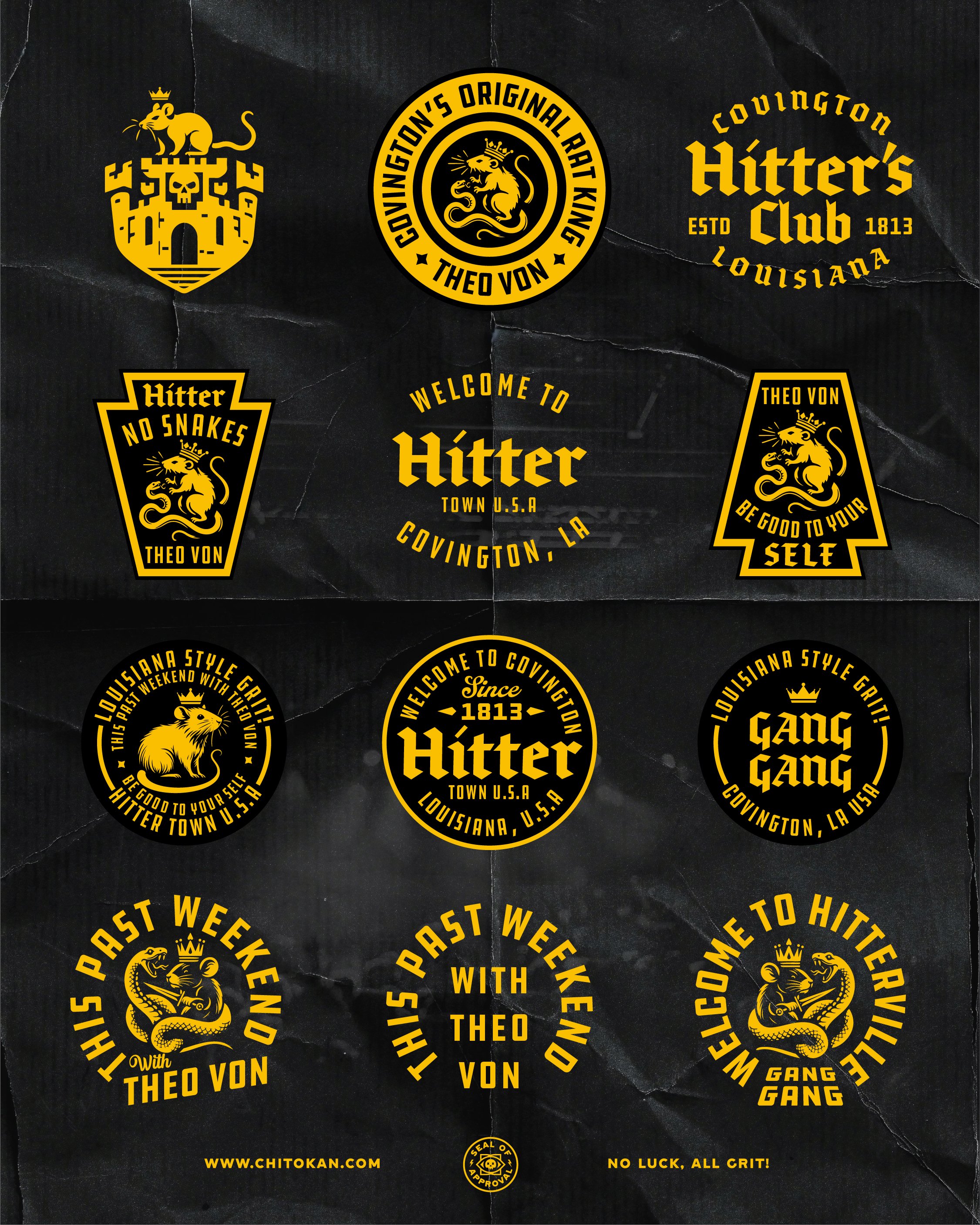 Black background with yellow and black various badge-like logos and text promoting Hitter, Covington Louisiana, and Theo Von, including phrases like 'No Snakes,' 'Gang Gang,' and 'Welcome to Hitter.'