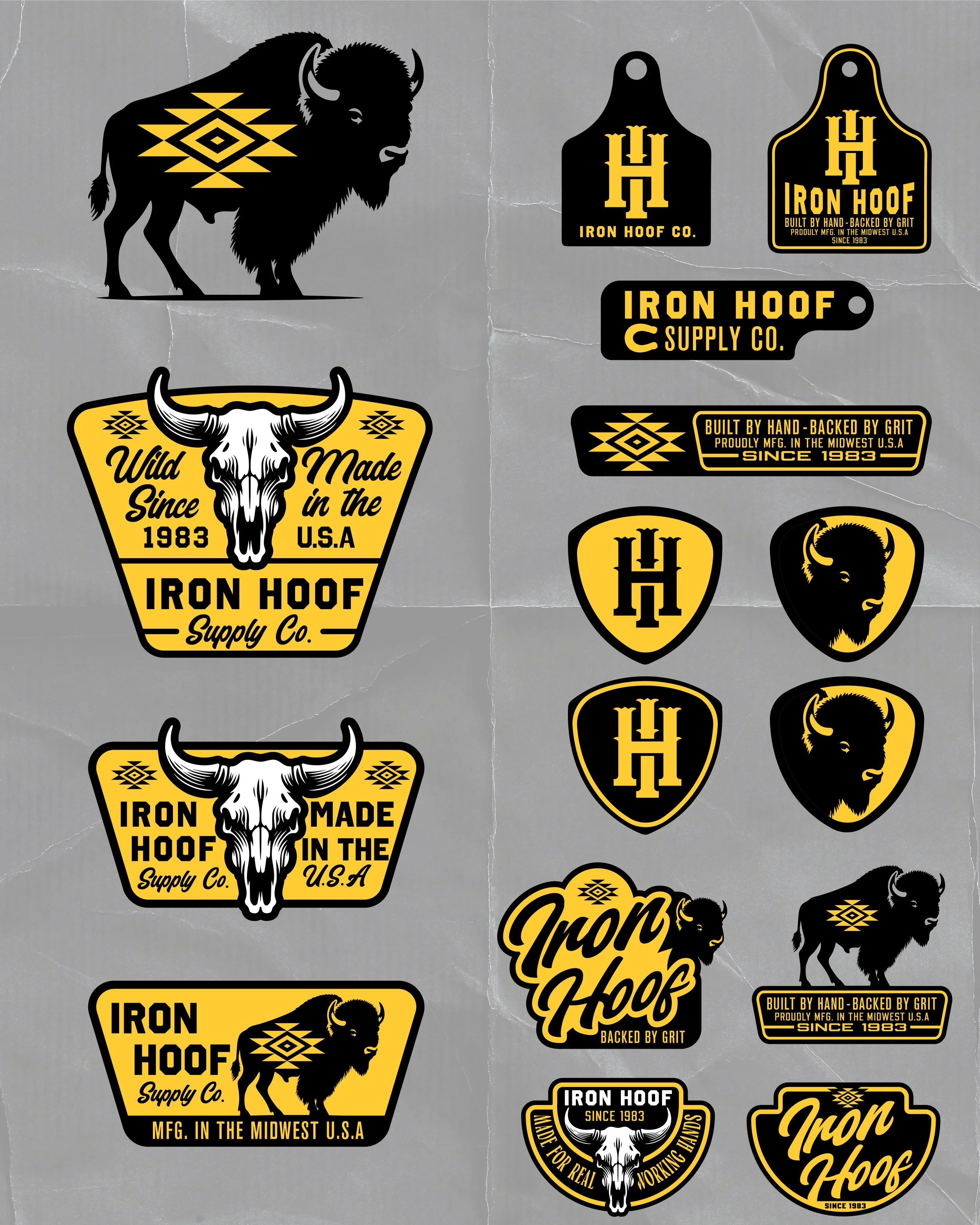 Collection of black and yellow logos and tags for Iron Hoof Supply Co., featuring bison skulls and buffalo, with text like 'Made in the U.S.A.', 'Built by Hand', and 'Since 1983'.