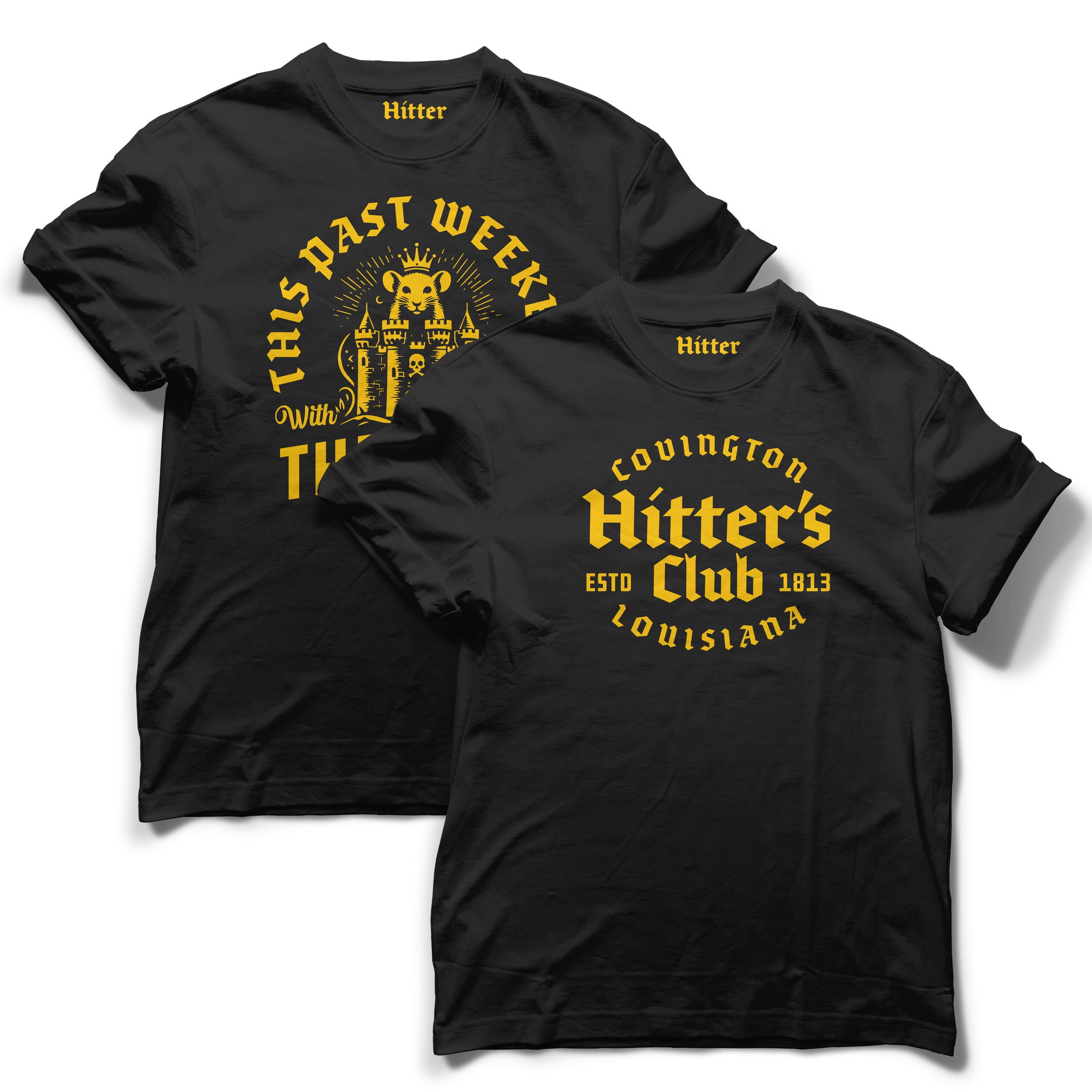 Two black T-shirts with yellow designs and text promoting Hitter's Club in Covington, Louisiana, established in 1813, featuring a lion's face, castle, and crowned shield.