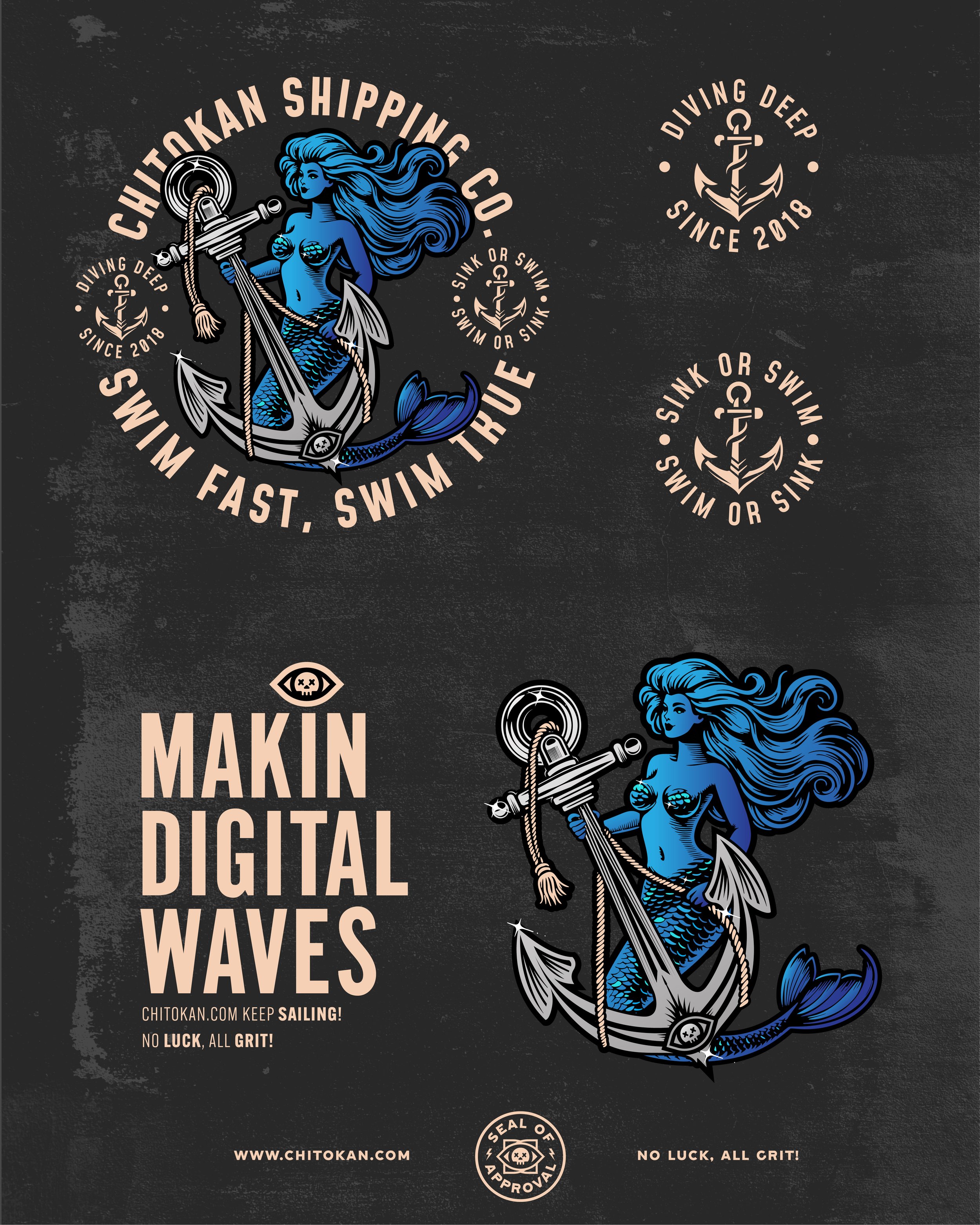 A digital graphic design promoting Chitokan Shipping Co. with mermaid illustrations, anchors, and text about diving and surfing.