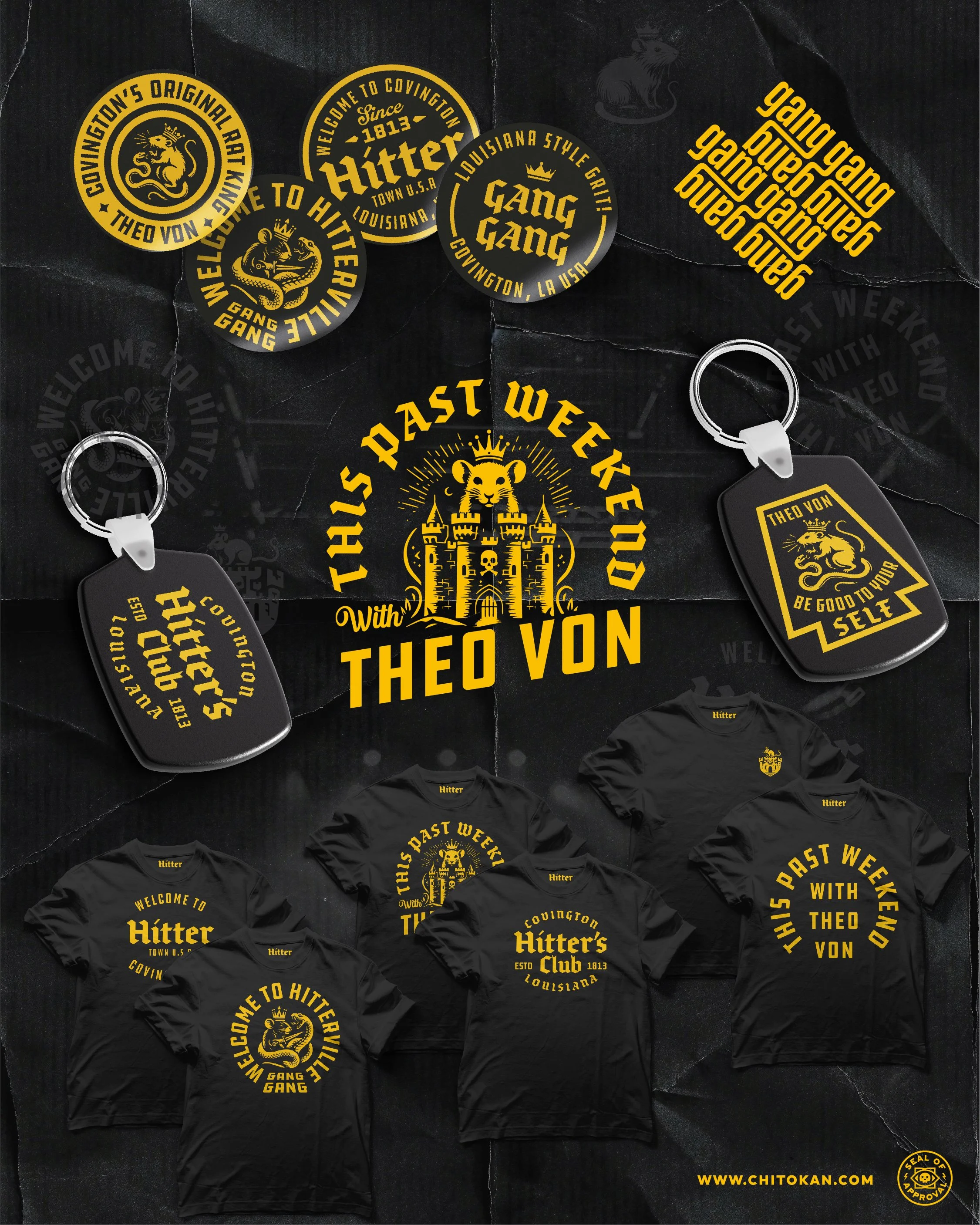 Various black T-shirts and keychains with yellow text and graphics featuring the phrases "Welcome to Hitter," "This Past Weekend with Theo Von," and "Coutingon Hitter's Club 1813 Louisiana," along with a lion logo and castle graphic.