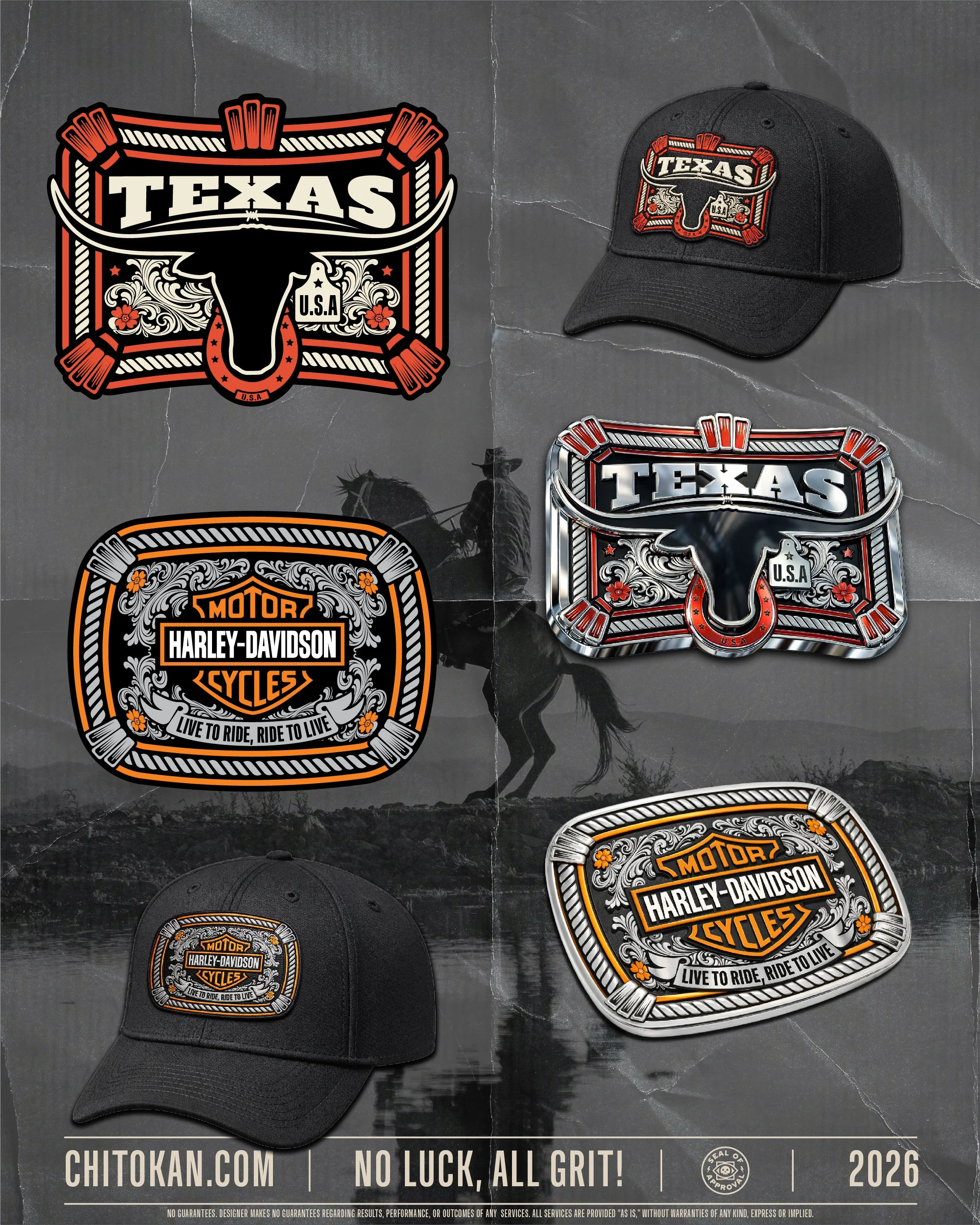 Collection of Harley-Davidson and Texas-themed patches and stickers featuring bull and horse riding silhouettes, along with a black cap with an embroidered Texas patch. The background shows a silhouette of a cowboy riding a horse at sunset.