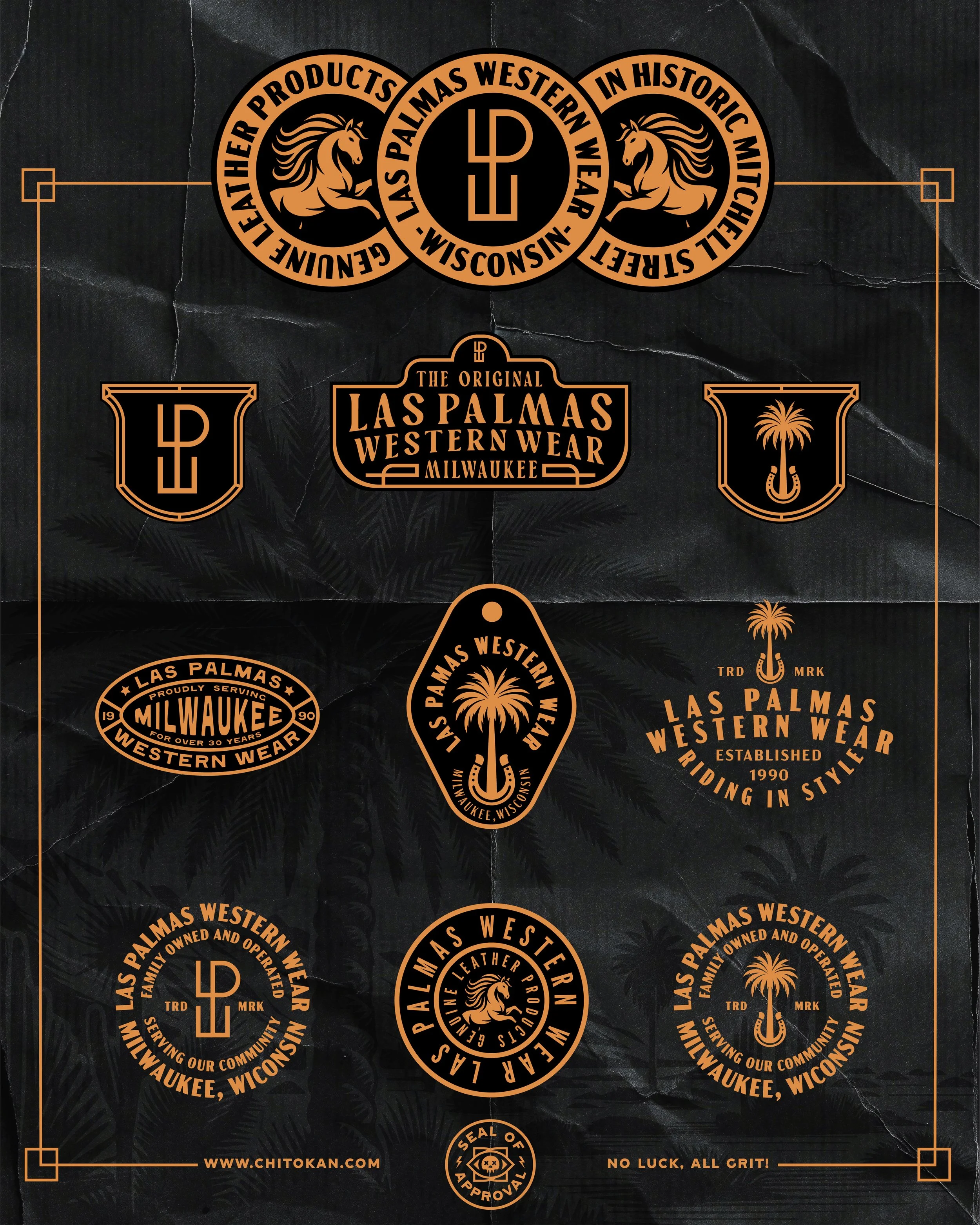 Collection of Las Palmas Western Wear logo stickers and badges featuring Western-themed designs with a lion, a palm tree, and text such as "Milwaukee," "Established 1990," and "Serving Our Community."