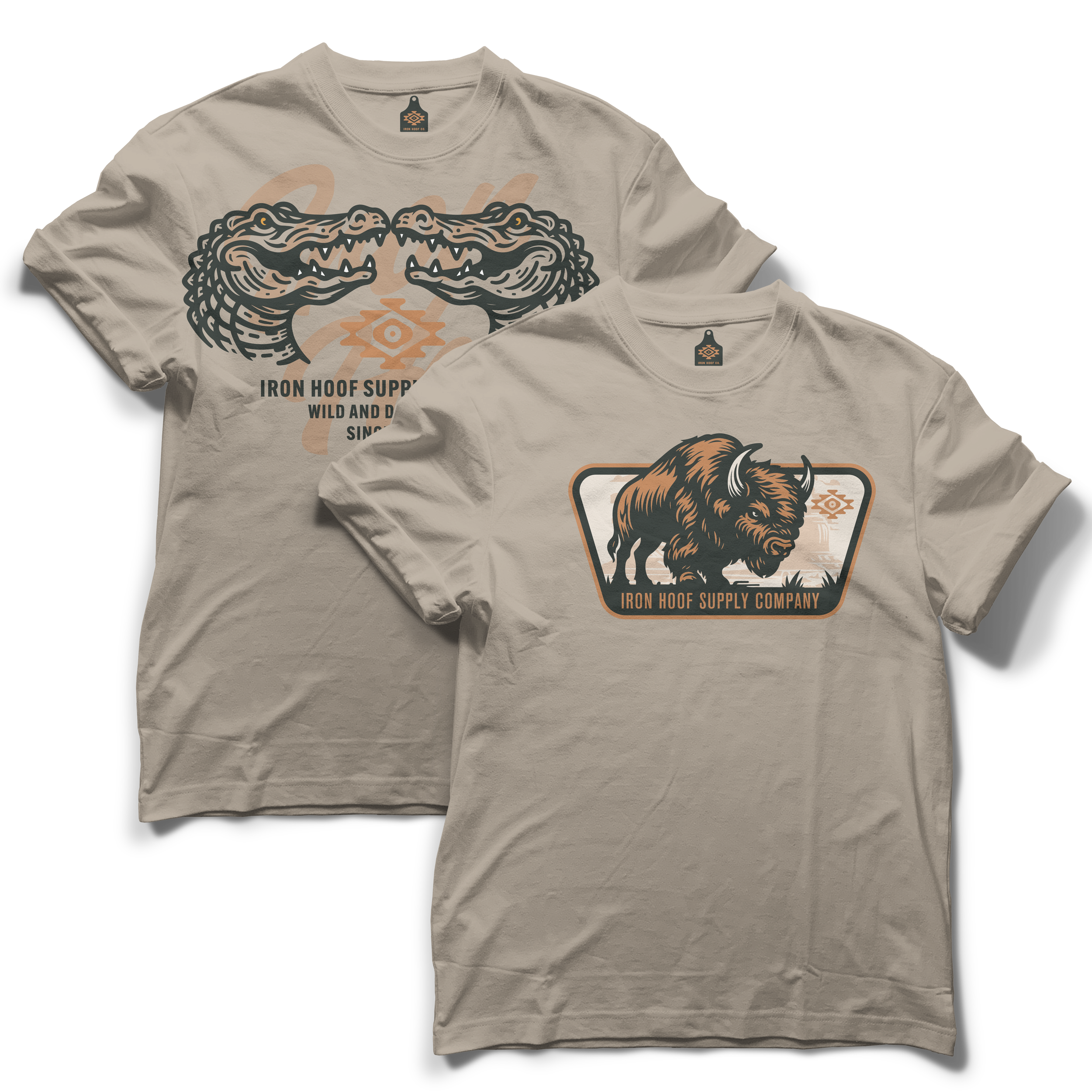 Two beige T-shirts with graphic designs related to the Iron Hoof Supply Company. One features a stylized alligator with the text "IRON HOOF SUPPLY WILD AND DANGEROUS SINCE". The other shows a buffalo with the same text below it.