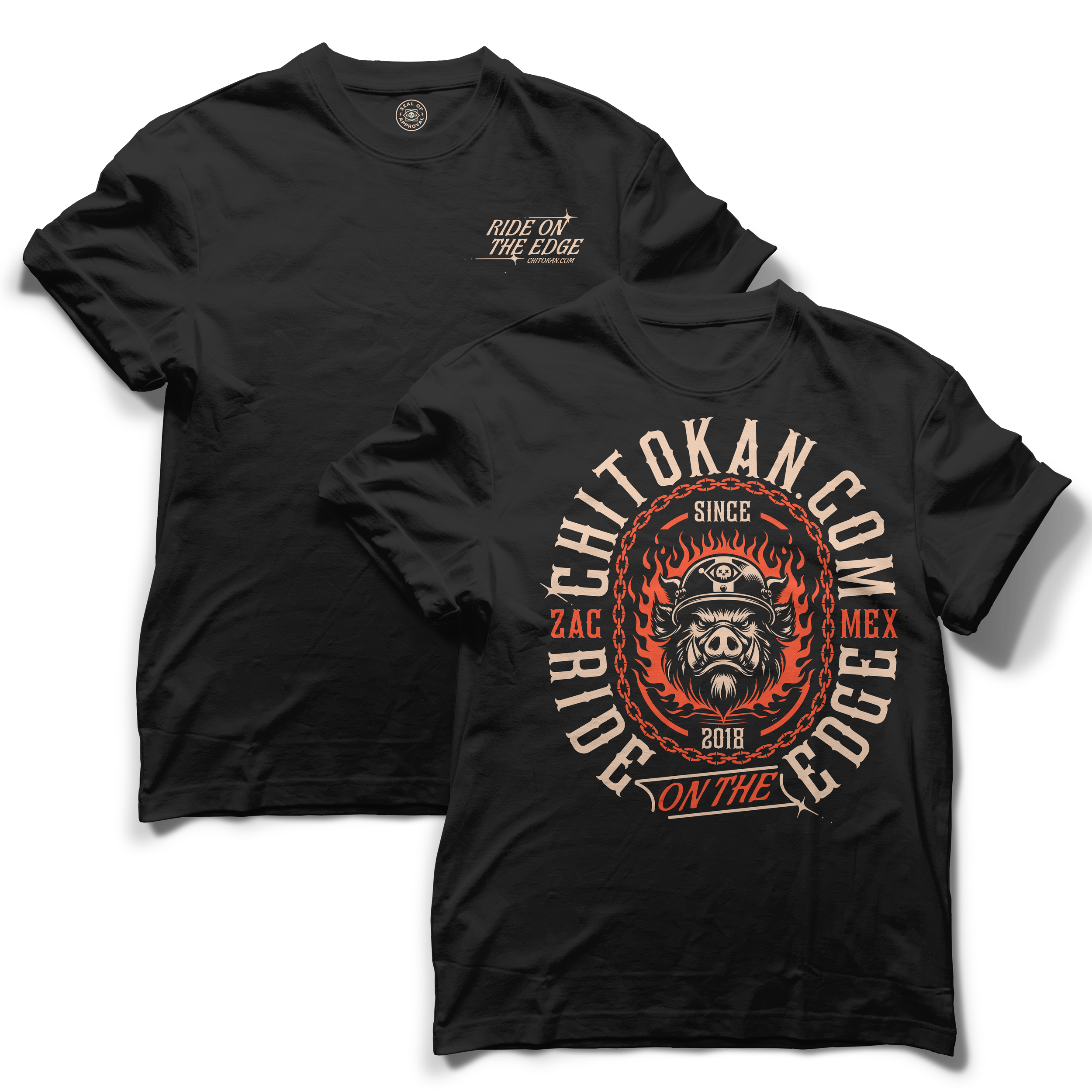 Two black T-shirts with motorcycle-themed designs and text, featuring a pig wearing a leather cap surrounded by flames and chains.