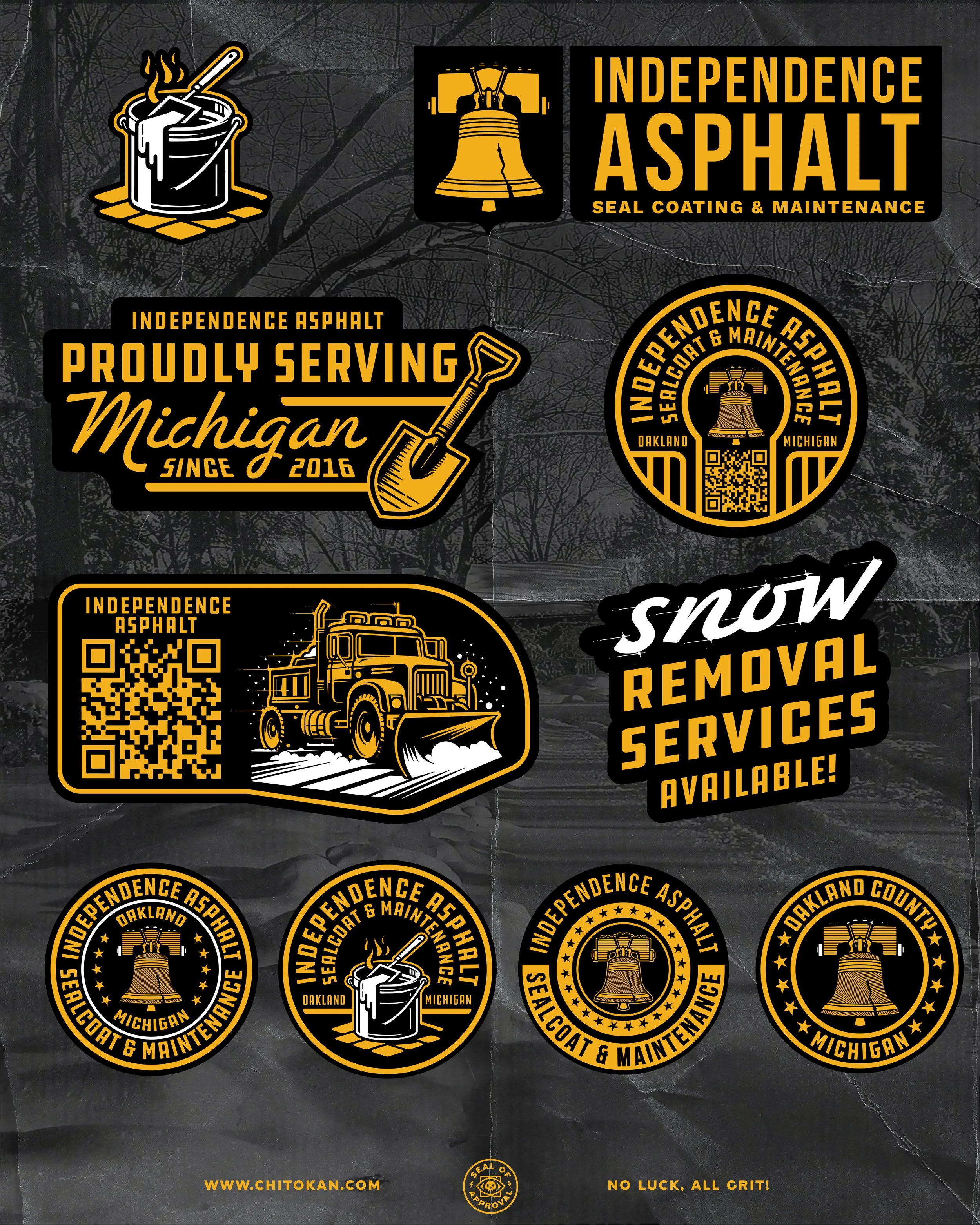 Collection of decals for Independence Asphalt, a seal coating and maintenance company in Michigan, featuring logos with a bell, shovel, and asphalt truck, along with QR codes and slogans advertising snow removal and sealcoating services on a dark, wi