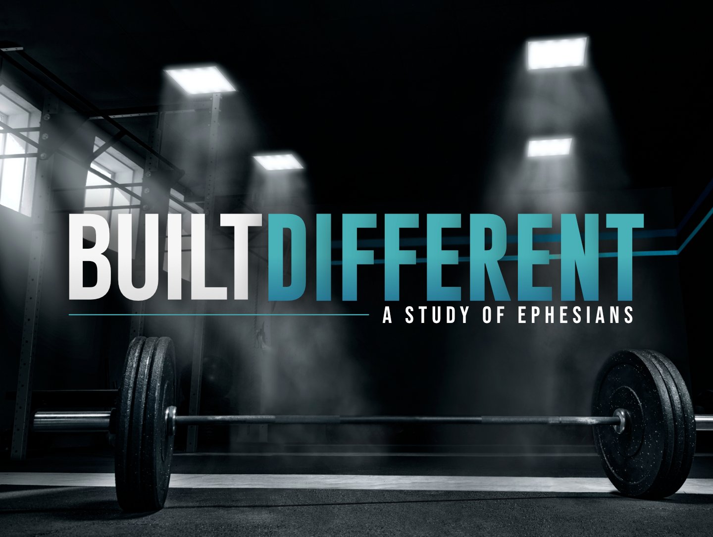 A gym with bright overhead lights, a barbell on the floor, and the text 'Built Different' and 'A Study of Ephesians' overlaid.