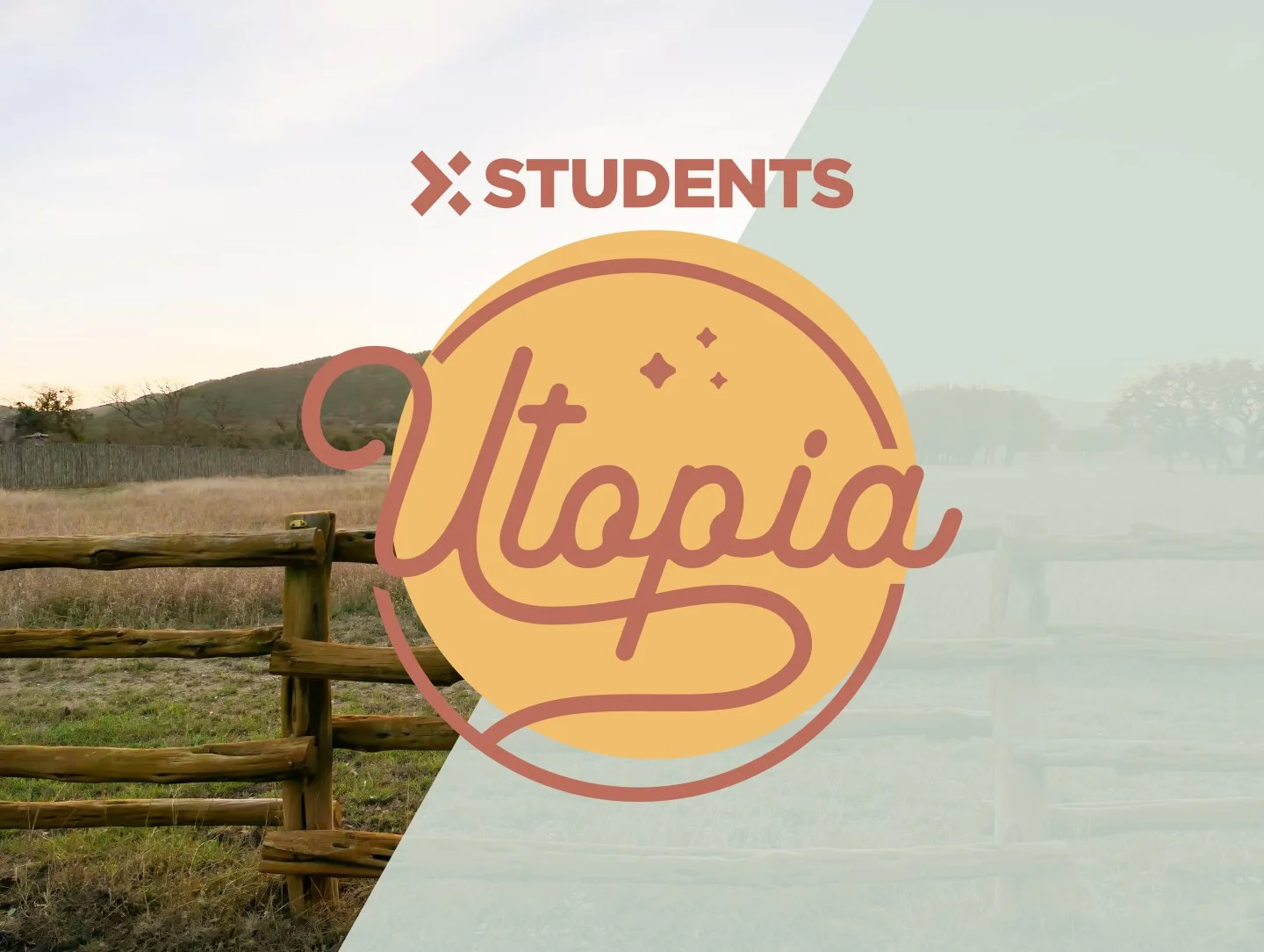 A graphic design overlay with text and a logo on a background of a rural landscape with a wooden fence, grassy field, and hills at sunset.