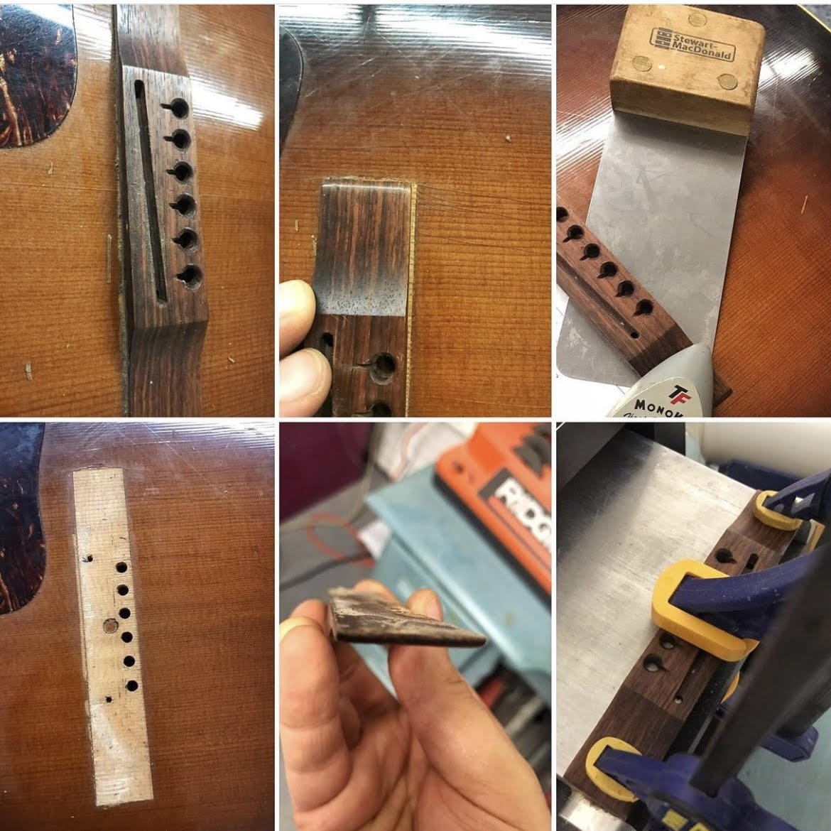 Collage of guitar bridge repair process showing removal of old bridge, cleaning area, wooden bridge piece, and clamping new bridge.