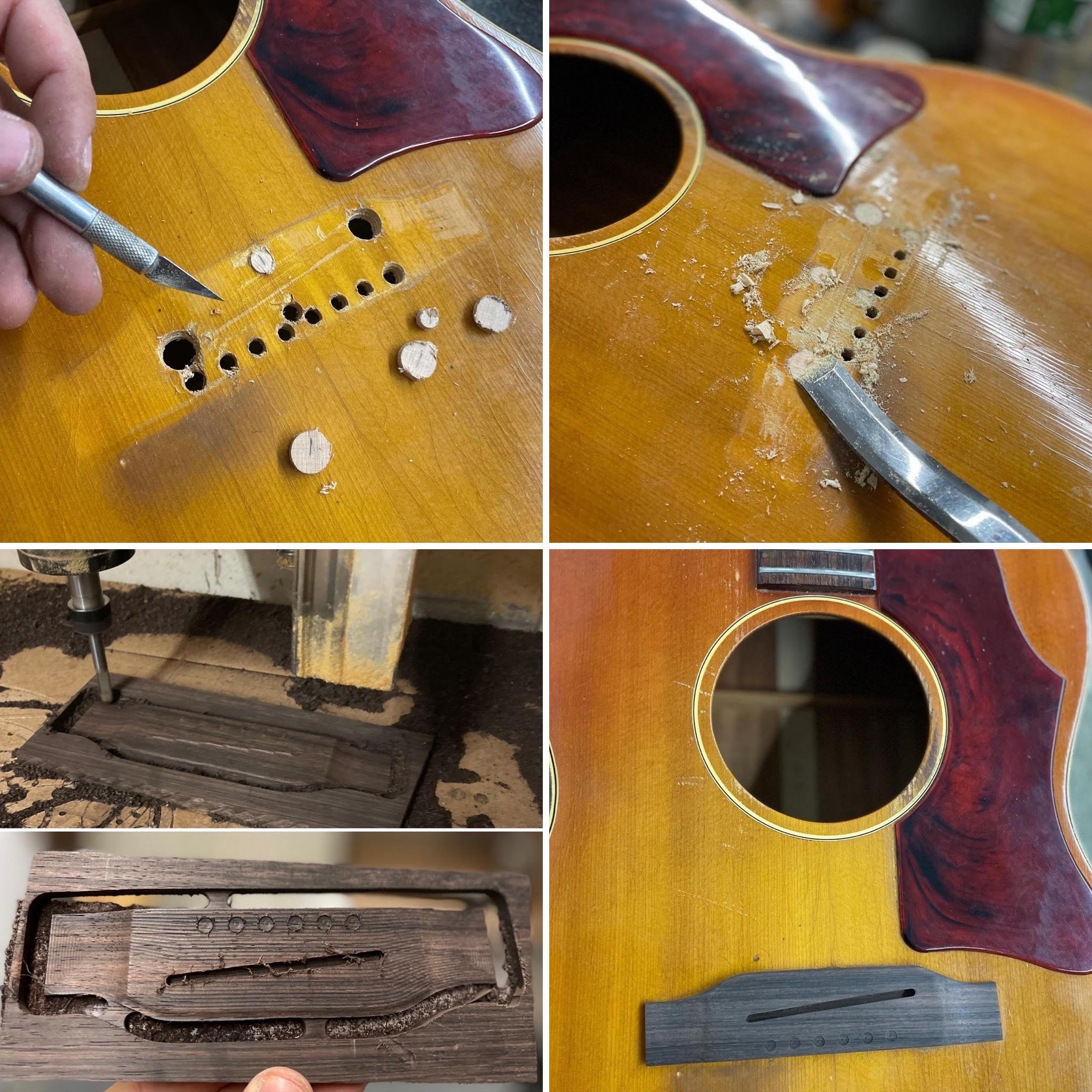 Advanced Guitar repair process bridge replacement and in house fabrication.