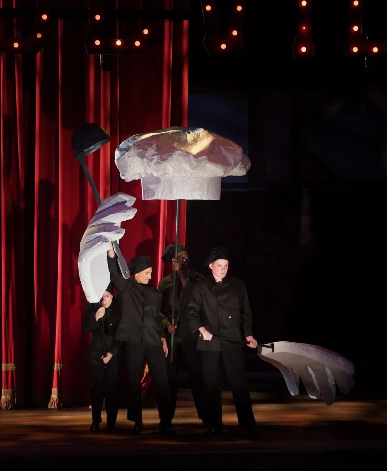 Finished Cook's Hands puppets onstage at DMMO, for the opera Love of Three Oranges.