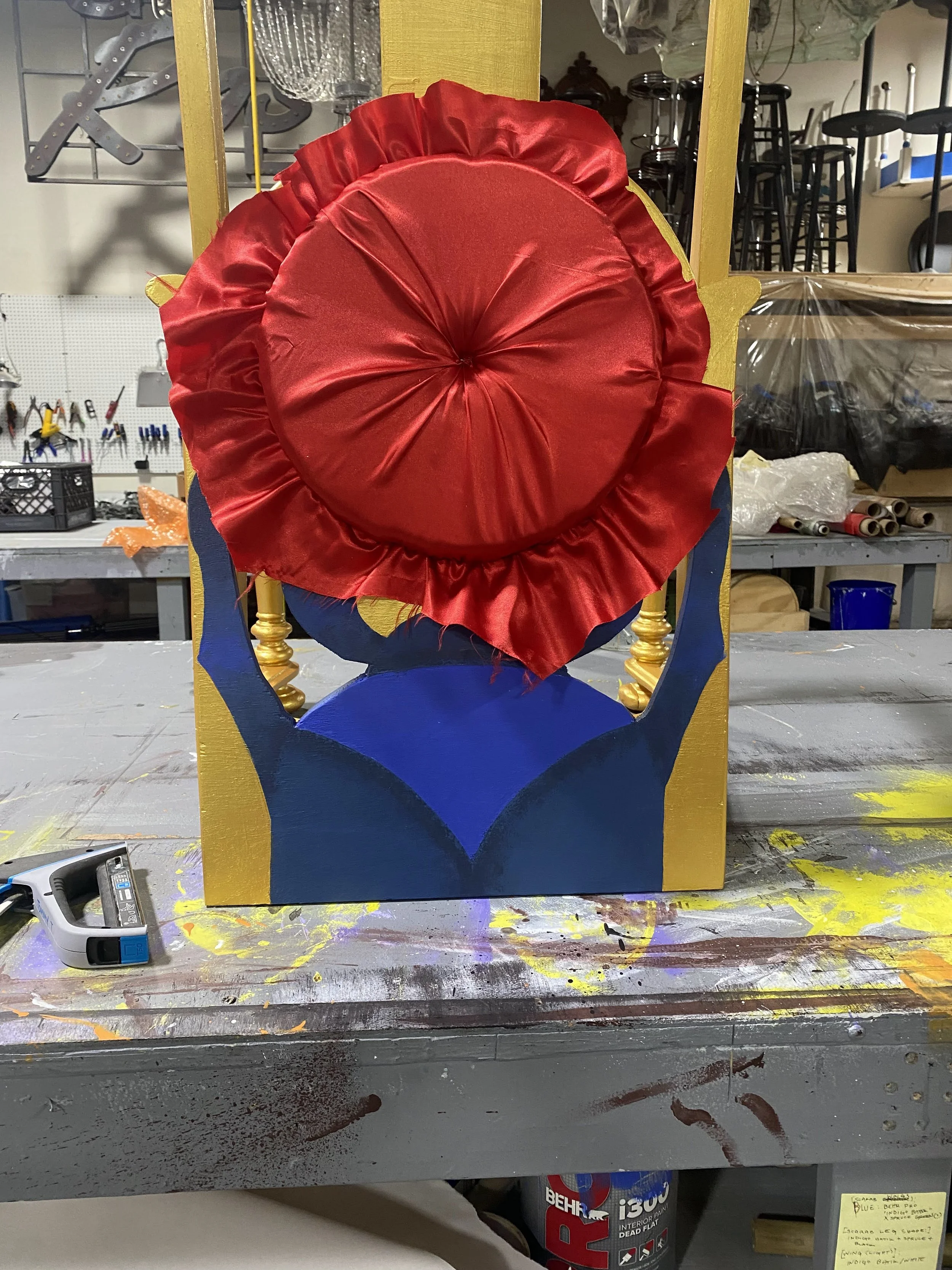 Back of Potiphar's chair, mid-upholster  (Joseph [...], MSMT '22)