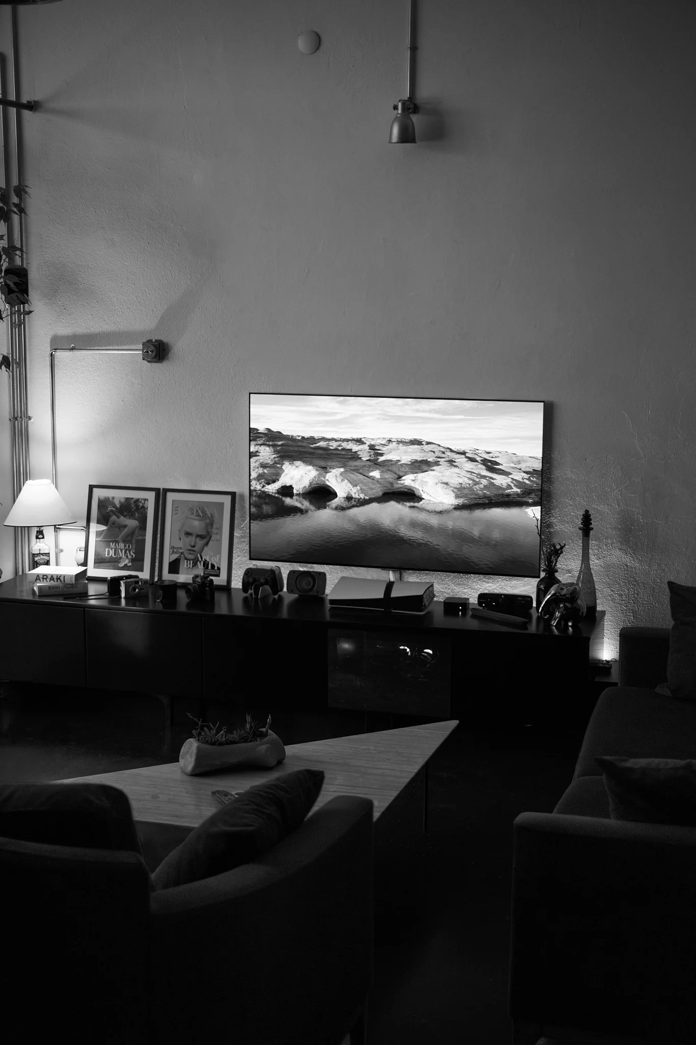 Black and white photo of a modern living room with a flat-screen TV on a black console, framed photos, books, and decorative items on the console, a table with a small plant in a stone planter, and chairs and sofa nearby.