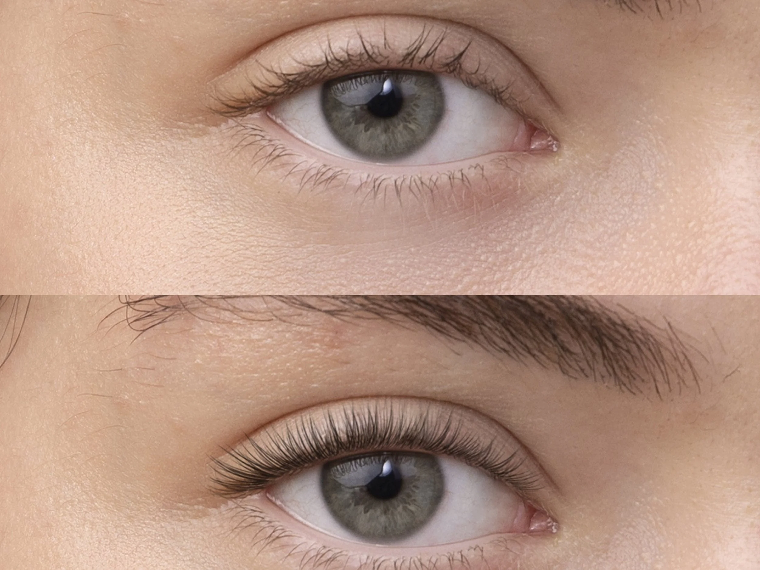 Close-up of a person's eye before and after applying mascara, showing the eyelid and eyelashes.