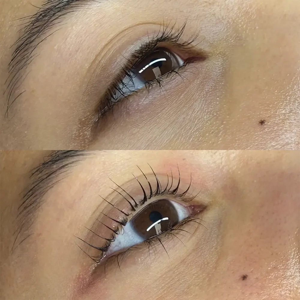 Close-up of a person's eye before and after applying eyelash extensions, showing increased length and curl.