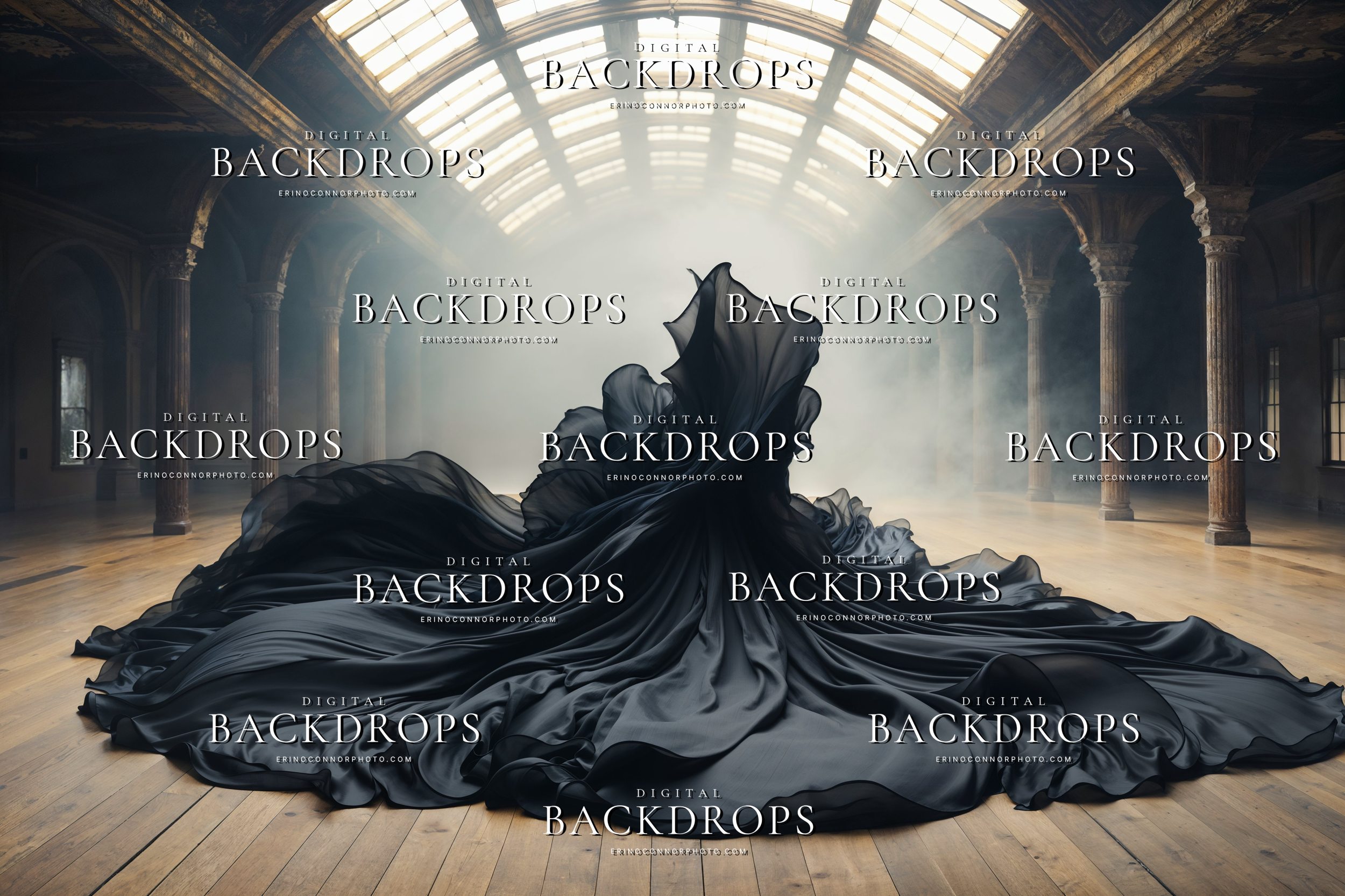 Black chiffon digital background with sweeping sheer fabric arranged in a grand skylit hall, ideal for dramatic portrait, maternity, and fine art composites.